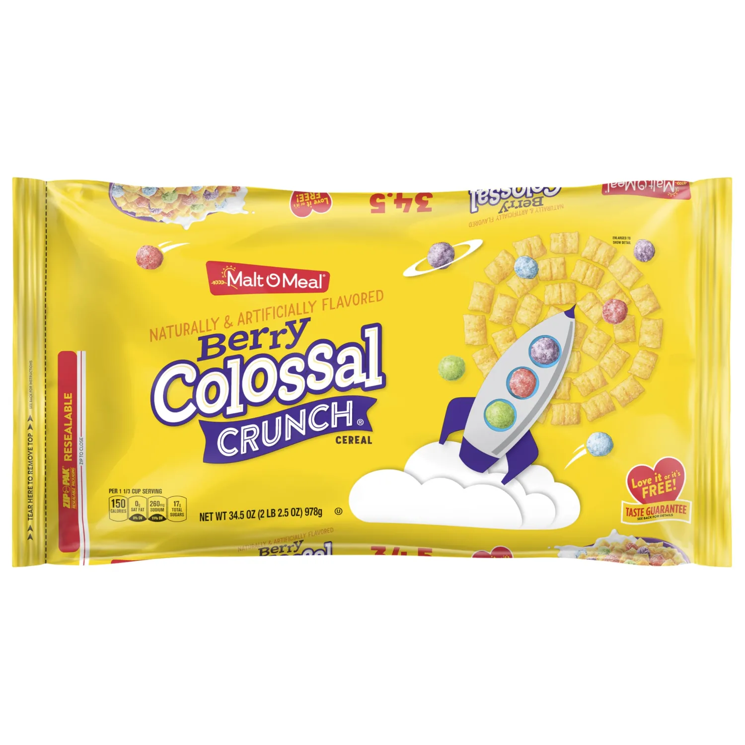 Malt-O-Meal Berry Colossal Crunch Breakfast Cereal, Sweetened Corn and Oats, Family Size, 34.5 oz Resealable Bag