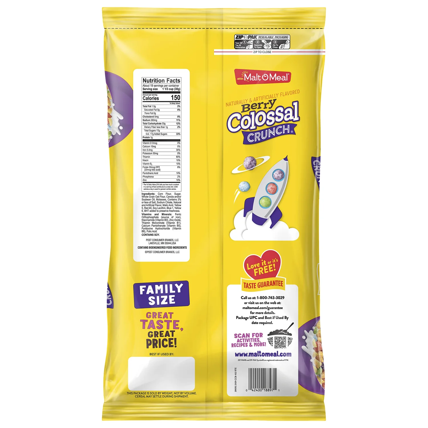 Malt-O-Meal Berry Colossal Crunch Breakfast Cereal, Sweetened Corn and Oats, Family Size, 34.5 oz Resealable Bag