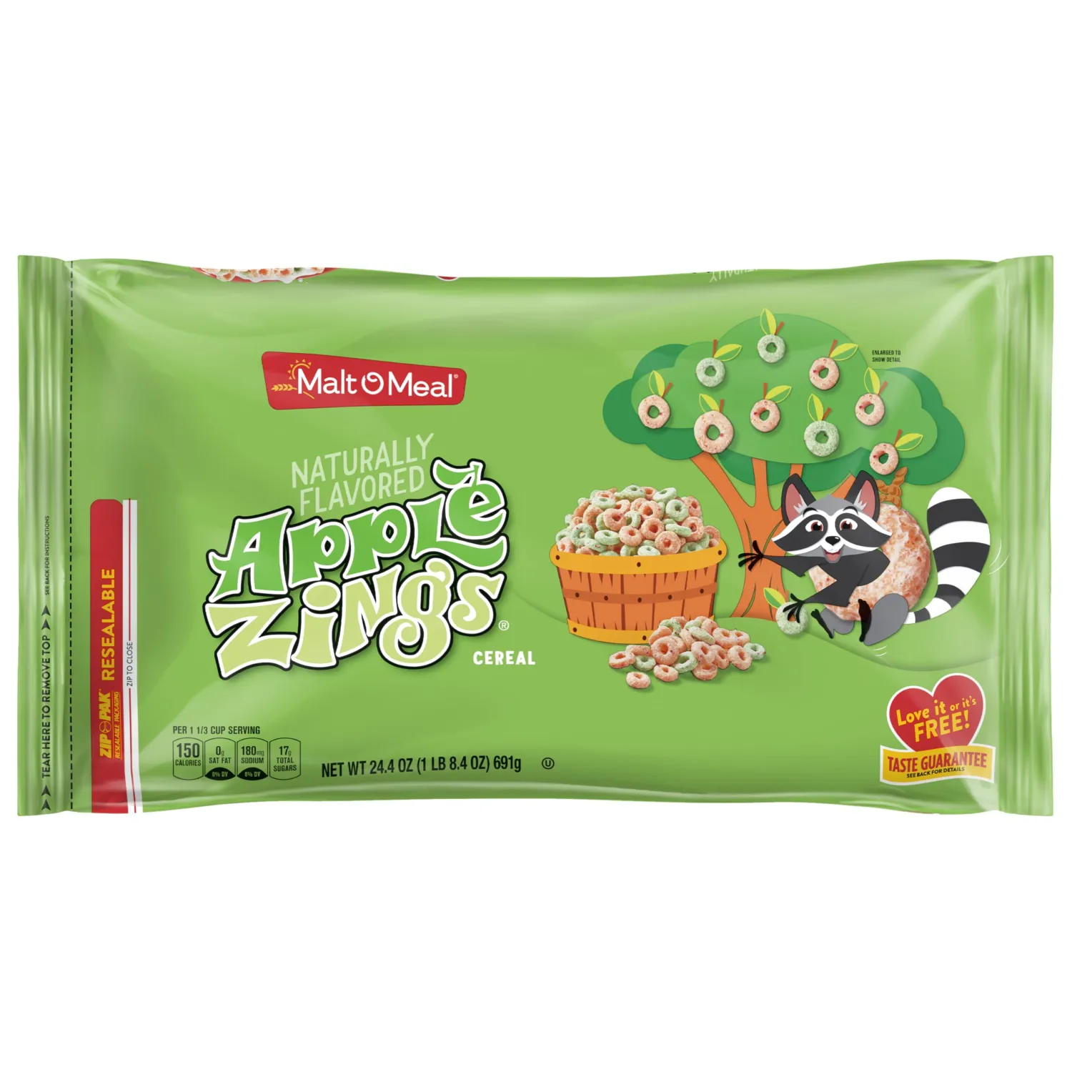 Malt-O-Meal Apple Zings Breakfast Cereal, Cinnamon Apple-Flavored Rings, Large Family Size, 24.4 oz Resealable Bag