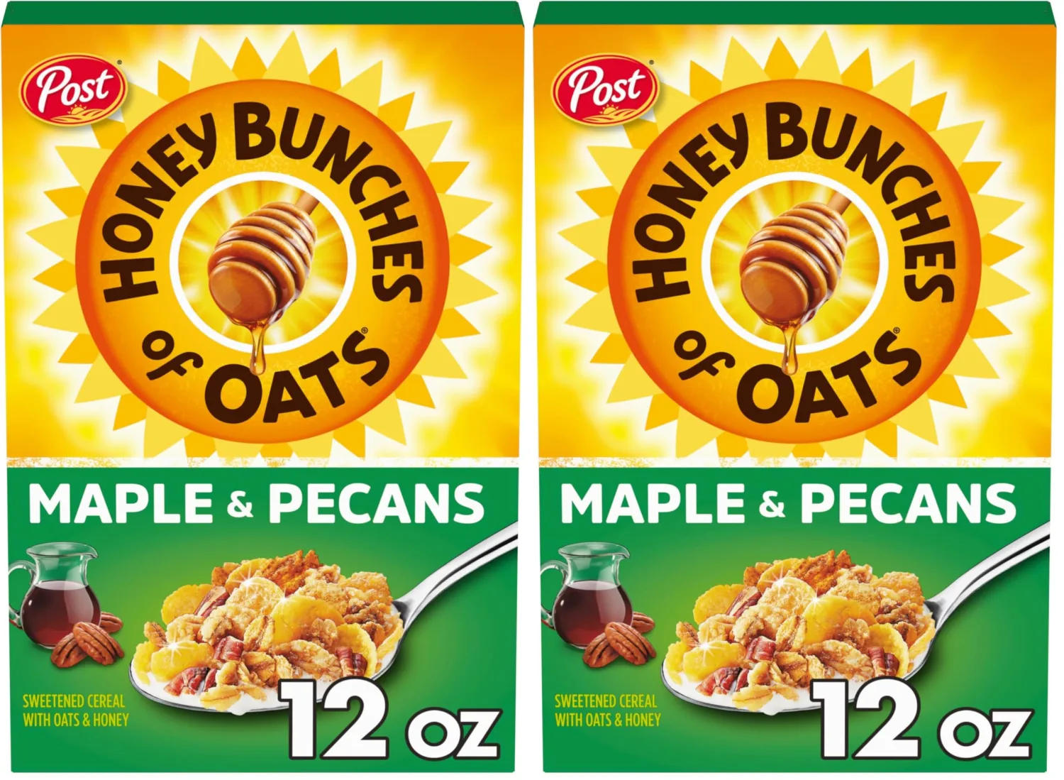 Post Honey Bunches of Oats Maple and Pecans Breakfast Cereal, Honey Oats Cereal with Maple Flavor and Pecans, 12 OZ Box (Pack of 2)