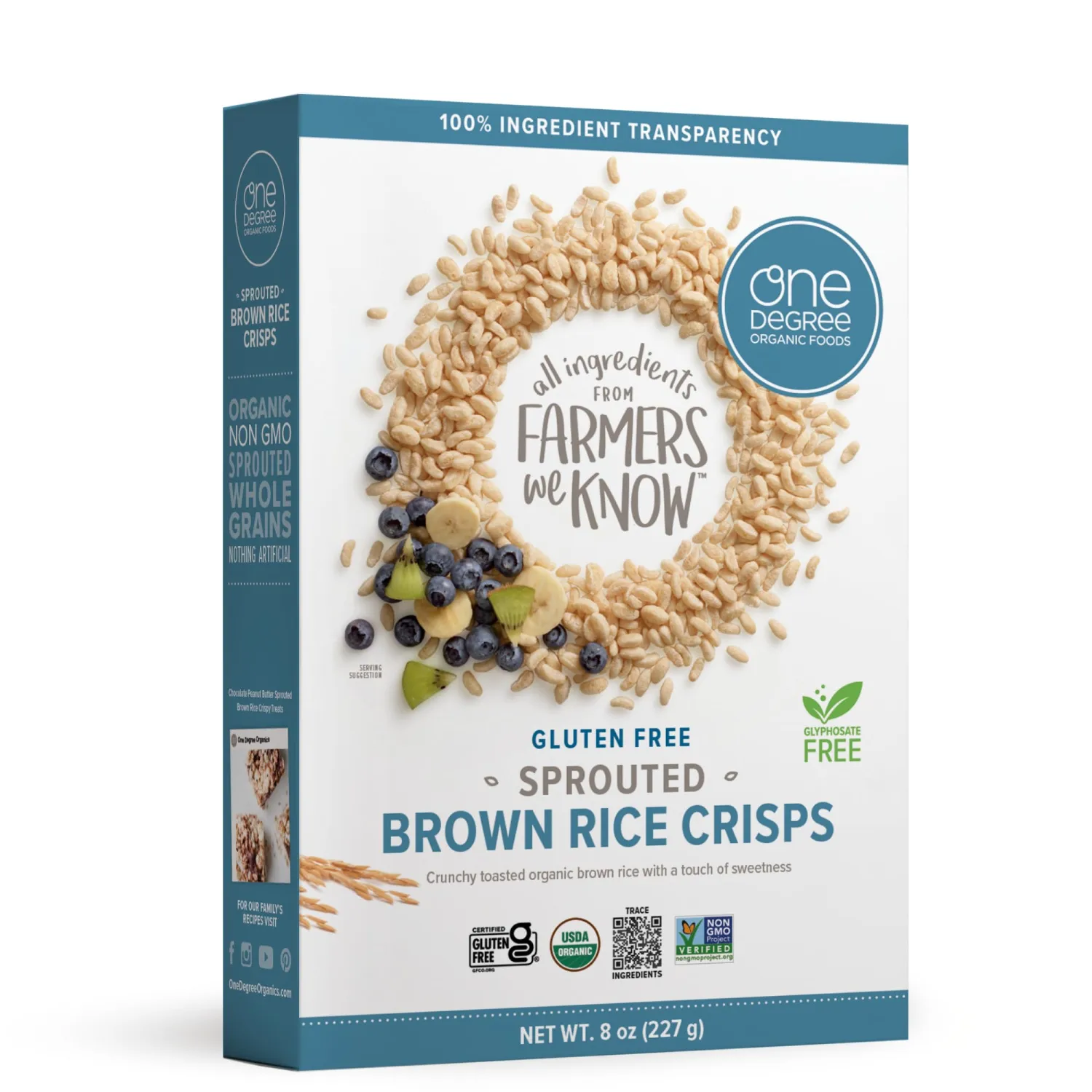 One Degree Organics Sprouted Brown Rice Crisps Cereal, Glyphosate-Free, Gluten-Free, USDA Organic, Non-GMO, Whole Grain, Yogurt Topping, Breakfast Cereal, 8 ounce (Pack of 1)