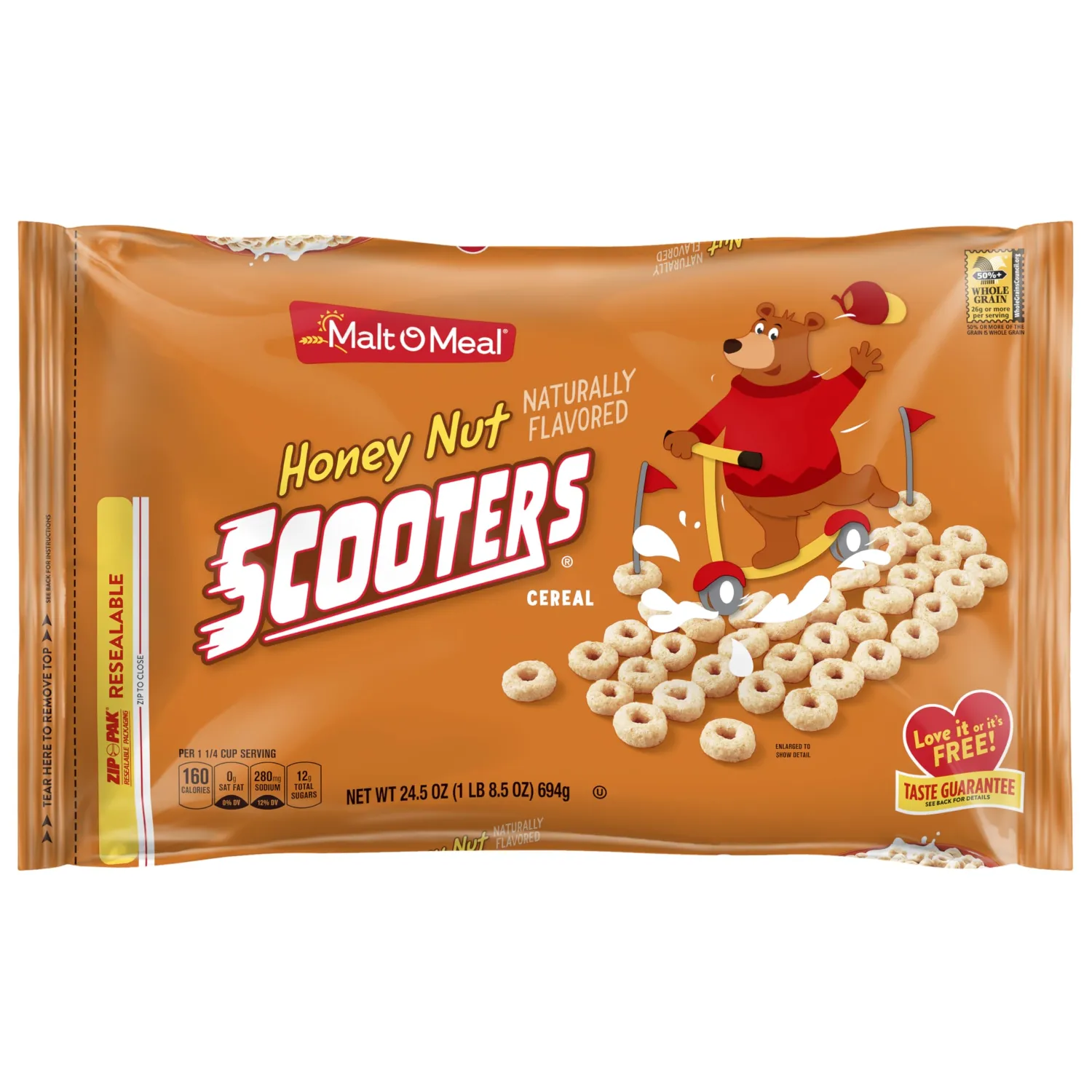 Malt-O-Meal Honey Nut Scooters Breakfast Cereal, Oat O's with Sweet Flavor, Large Size for Family, 24.5 oz Resealable Bag