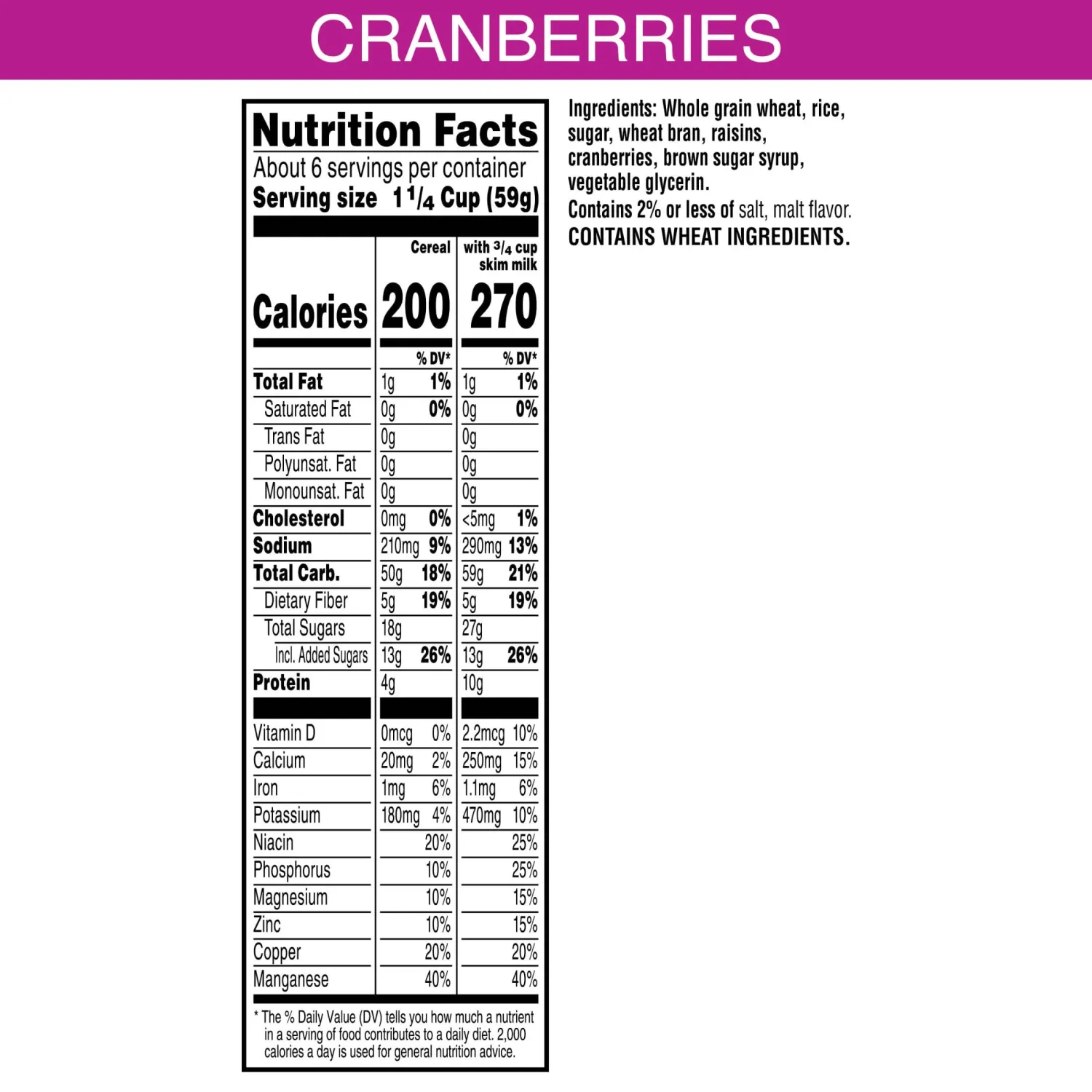 Kellogg's Raisin Bran with Cranberries Breakfast Cereal, Fiber Cereal, Family Breakfast, 13.6oz Box (1 Box)