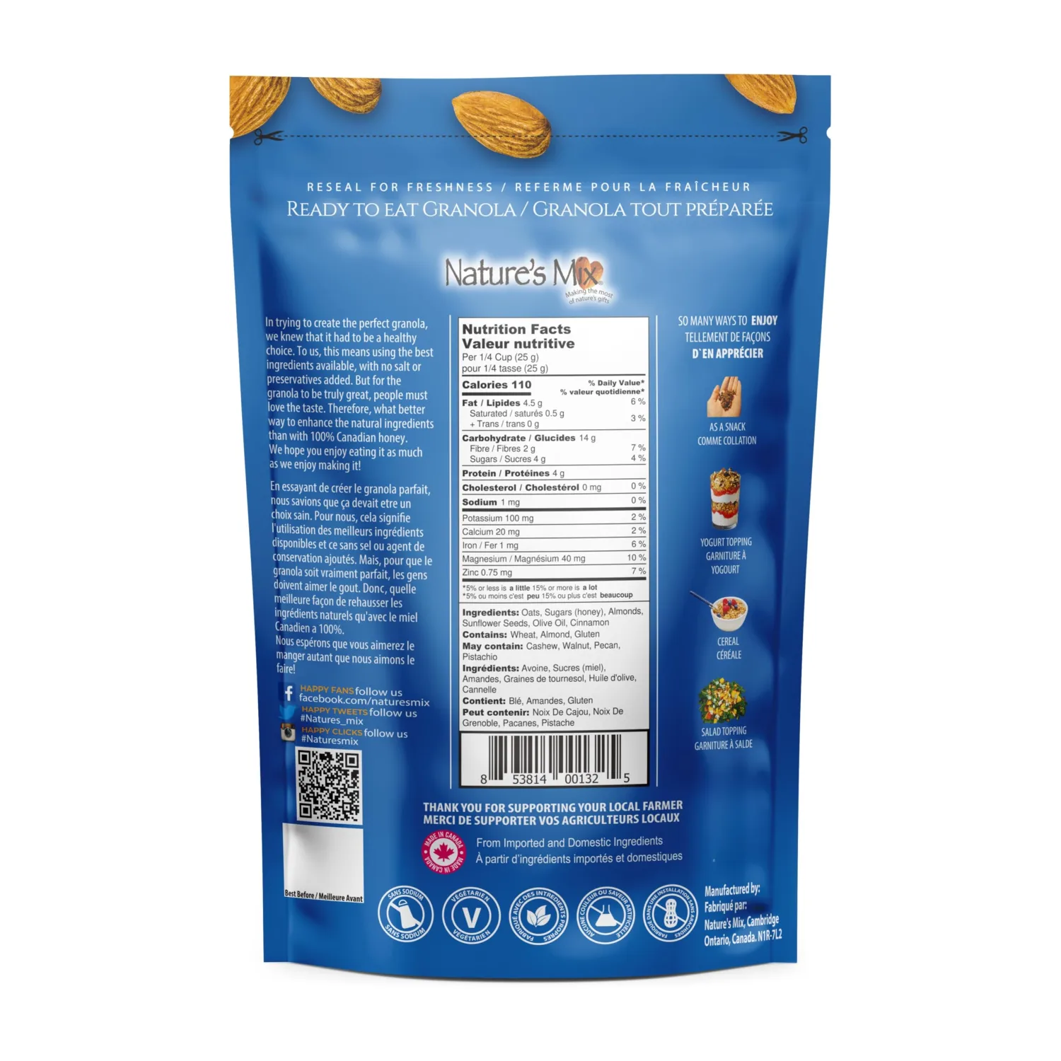Nature's Mix - Simply Almond Granola - Almonds, Sunflower Seeds, Cinnamon - Sweetened with Honey - No Added Sugar, Salt, or Preservatives - Small