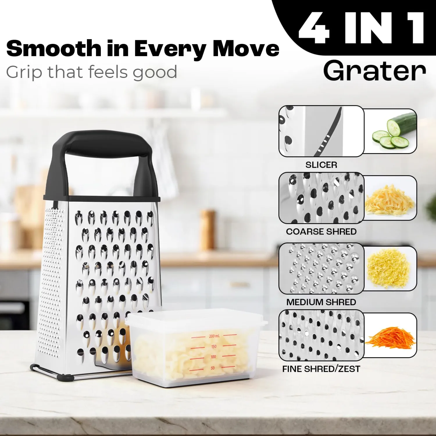Professional Box Cheese Grater with Container & Handle – Durable Stainless Steel Cheese Shredder for Kitchen, Multi-Sided Food Chopper for Kitchen Use – Black