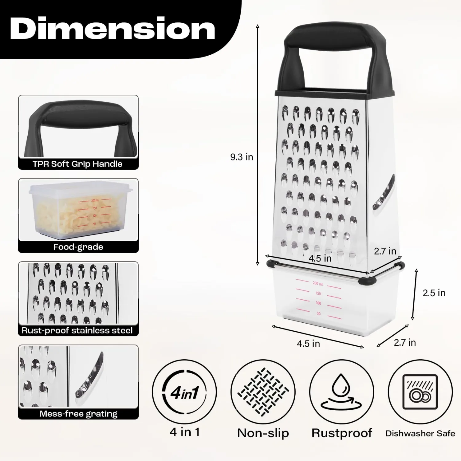 Professional Box Cheese Grater with Container & Handle – Durable Stainless Steel Cheese Shredder for Kitchen, Multi-Sided Food Chopper for Kitchen Use – Black