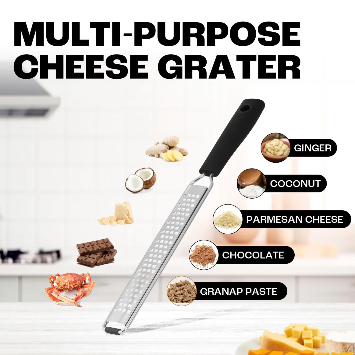 Zester Grater with Protective Cover – Fine Stainless Steel Lemon Zester cheese shredder for Kitchen, Ideal for parmesan, Garlic, Nutmeg, Chocolate, Fruits, Vegetables – Black