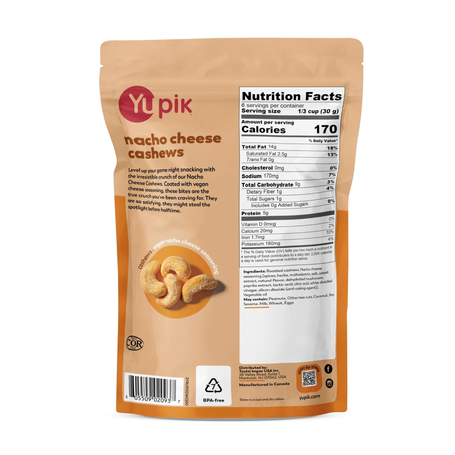 Yupik Nacho Cashews, 7 Oz, Kosher, Roasted Cashews with Vegan Cheese, Seasoned Nuts, Crunchy Savory Snack, Nacho Cheese Flavor, Perfect for Parties & Game Night