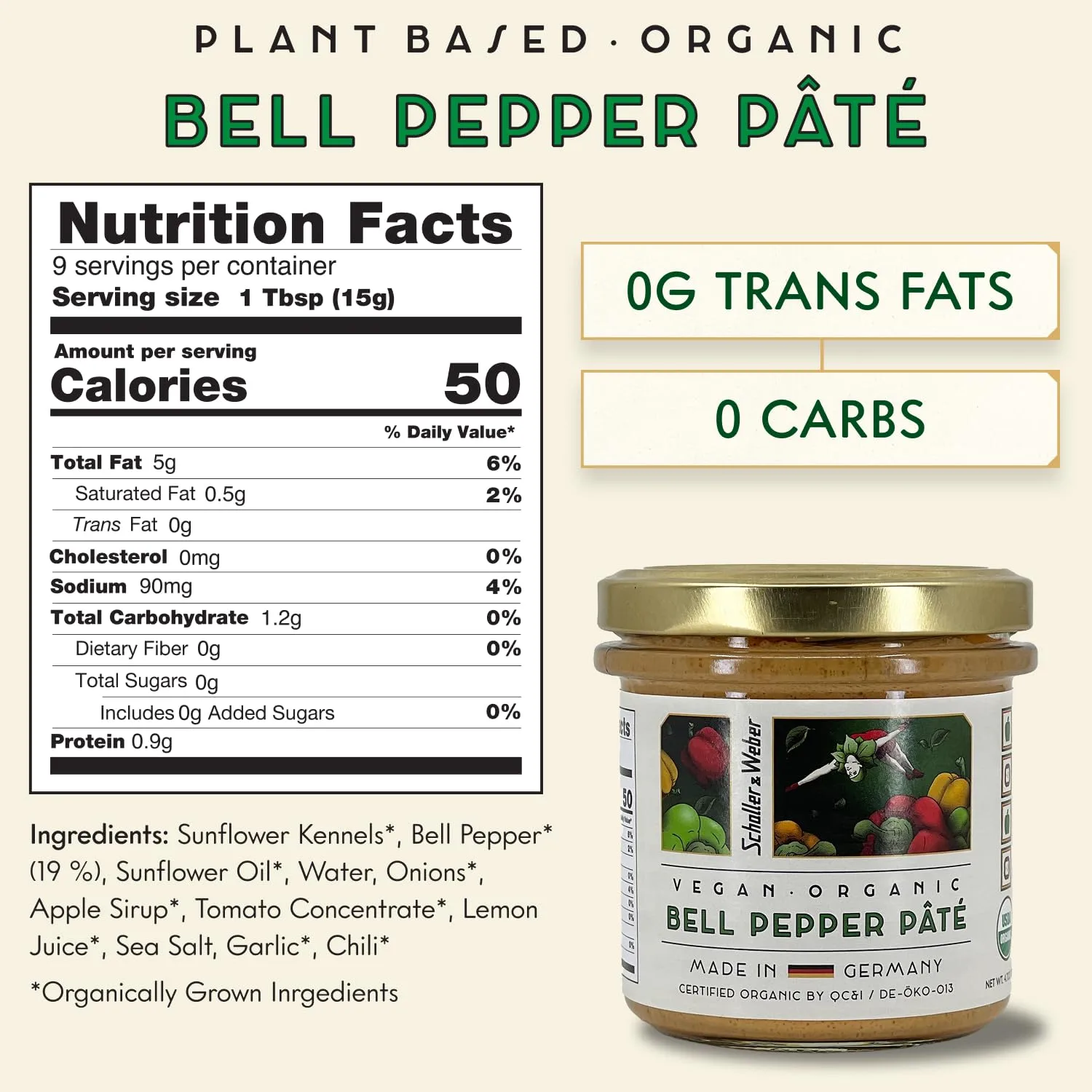 Schaller & Weber Organic Vegan Roasted Red Bell Pepper Pâté 4.4oz (Pack of 1) | Plant-based Sweet Savory Spread for Sandwiches, Vegan Snacks, Charcuterie, & Appetizers | All Natural Ingredients