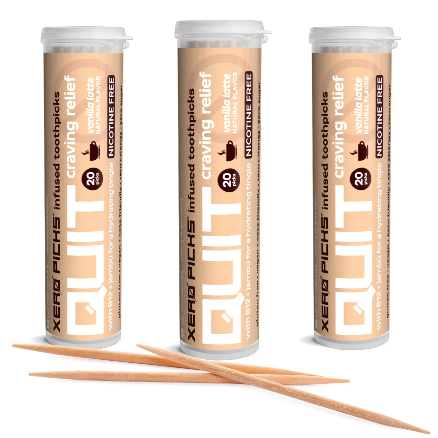 Xero Picks Infused Flavored Toothpicks to Help Quit Smoking - Nicotine Free (Vanilla Latte, 3 Pack) Non-GMO Kosher Vegan