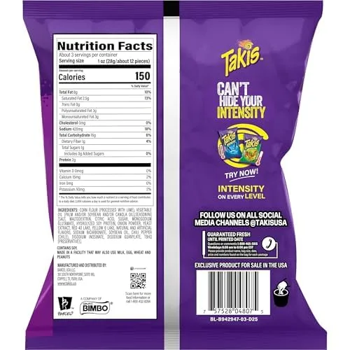 Takis Fuego, Hot Chili Pepper & Lime Flavored Extreme Spicy Rolled Tortilla Chips Snack Size Bag (Pack of 4)