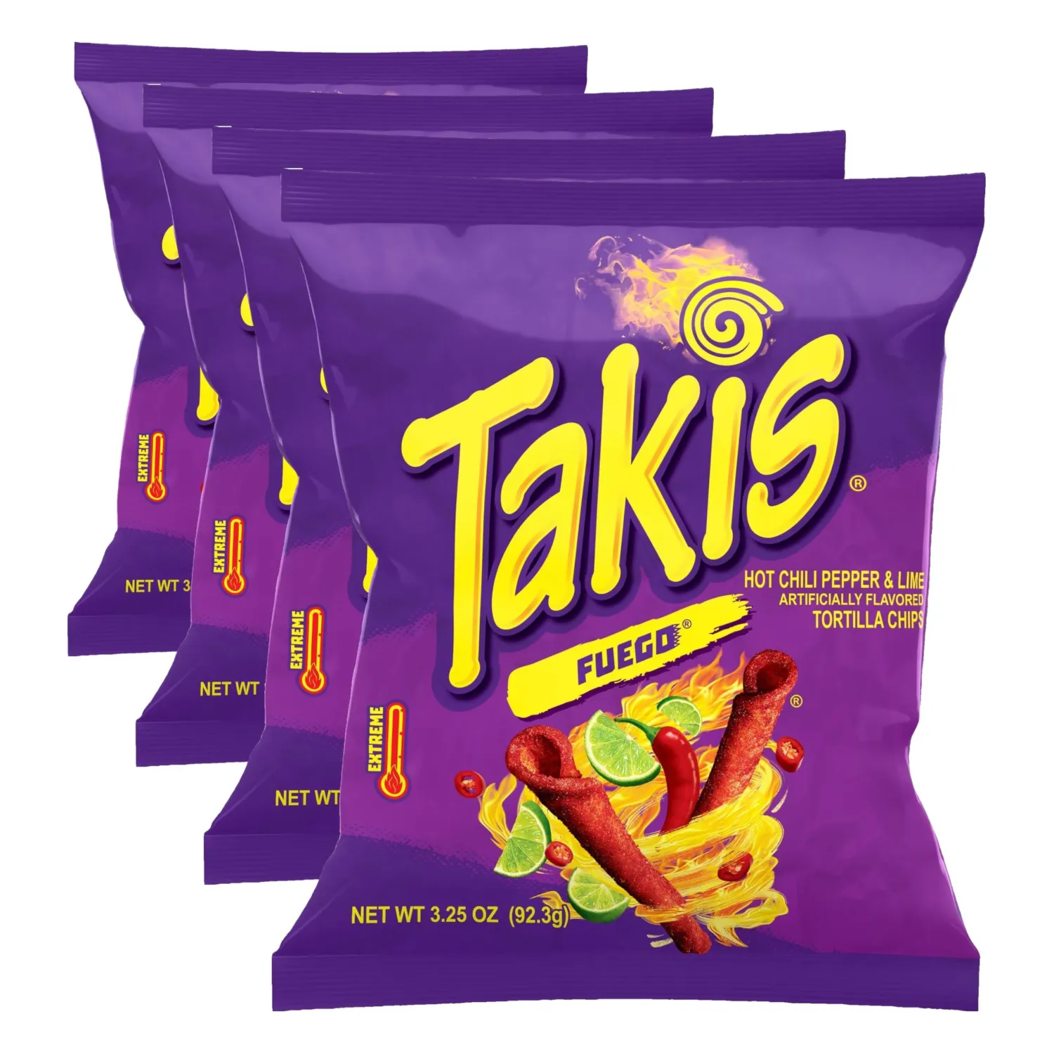 Takis Fuego, Hot Chili Pepper & Lime Flavored Extreme Spicy Rolled Tortilla Chips Snack Size Bag (Pack of 4)