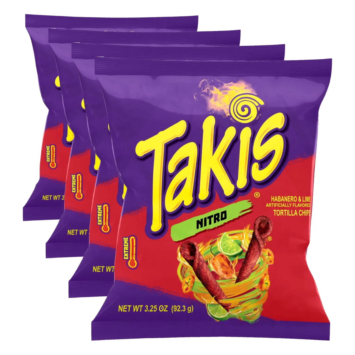 Takis Nitro, Habanero & Lime Flavored Extreme Spicy Rolled Tortilla Chips Snack Size (Pack of 4)