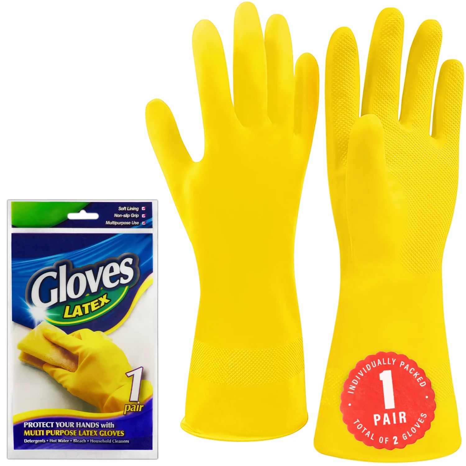 SteadMax 1 Pair Cleaning Gloves, Reusable Natural Rubber Dish Gloves, Latex Non-Slip Gloves for Kitchen, Household