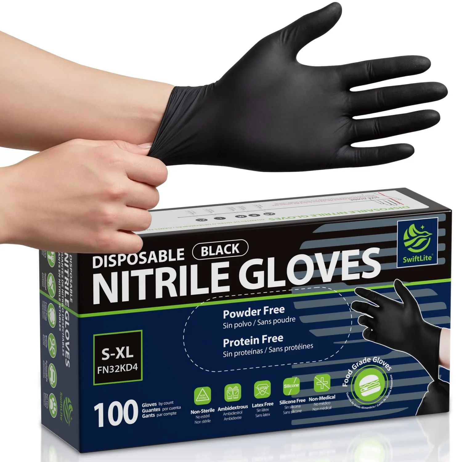 SWIFTLITE Disposable Nitrile Gloves Black, Food Safe Rubber Gloves Latex-Free Powder-Free for Cooking Food Prep Kitchen Clean