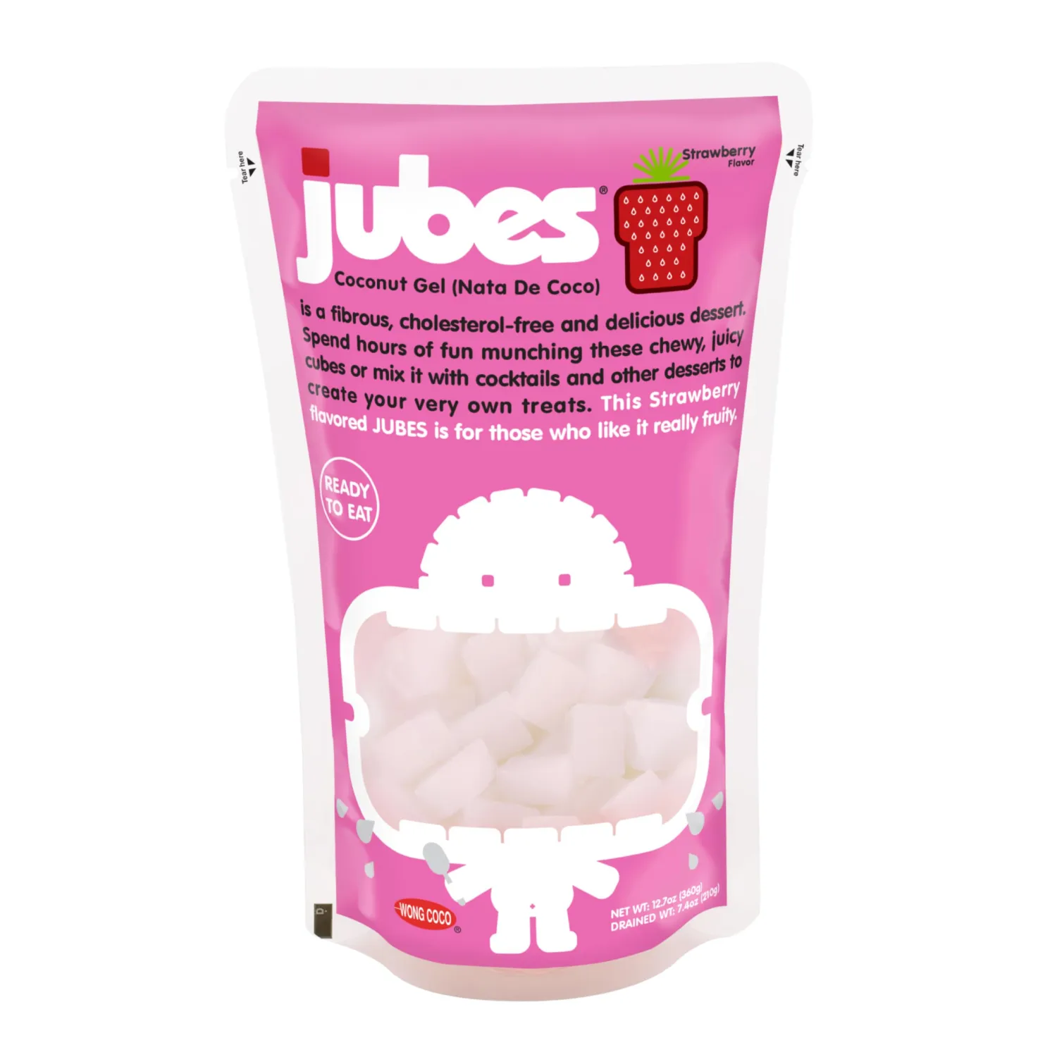 Jubes Strawberry Nata De Coco Jelly Cubes, 12.7 oz - Strawberry Coconut Jelly Cubes for Sago - Coconut Gel in Syrup Toppings for Fruit Tea, Boba, Bubble Tea, Drinks, Desserts Yogurt, Ice Cream, Beverage