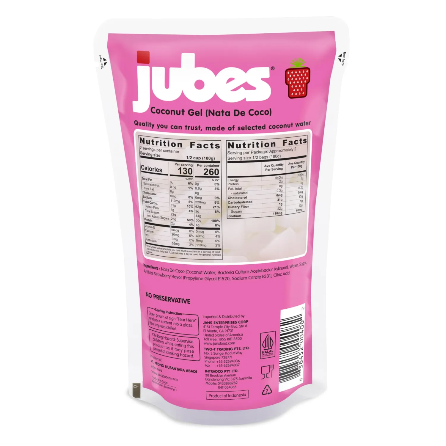 Jubes Strawberry Nata De Coco Jelly Cubes, 12.7 oz - Strawberry Coconut Jelly Cubes for Sago - Coconut Gel in Syrup Toppings for Fruit Tea, Boba, Bubble Tea, Drinks, Desserts Yogurt, Ice Cream, Beverage