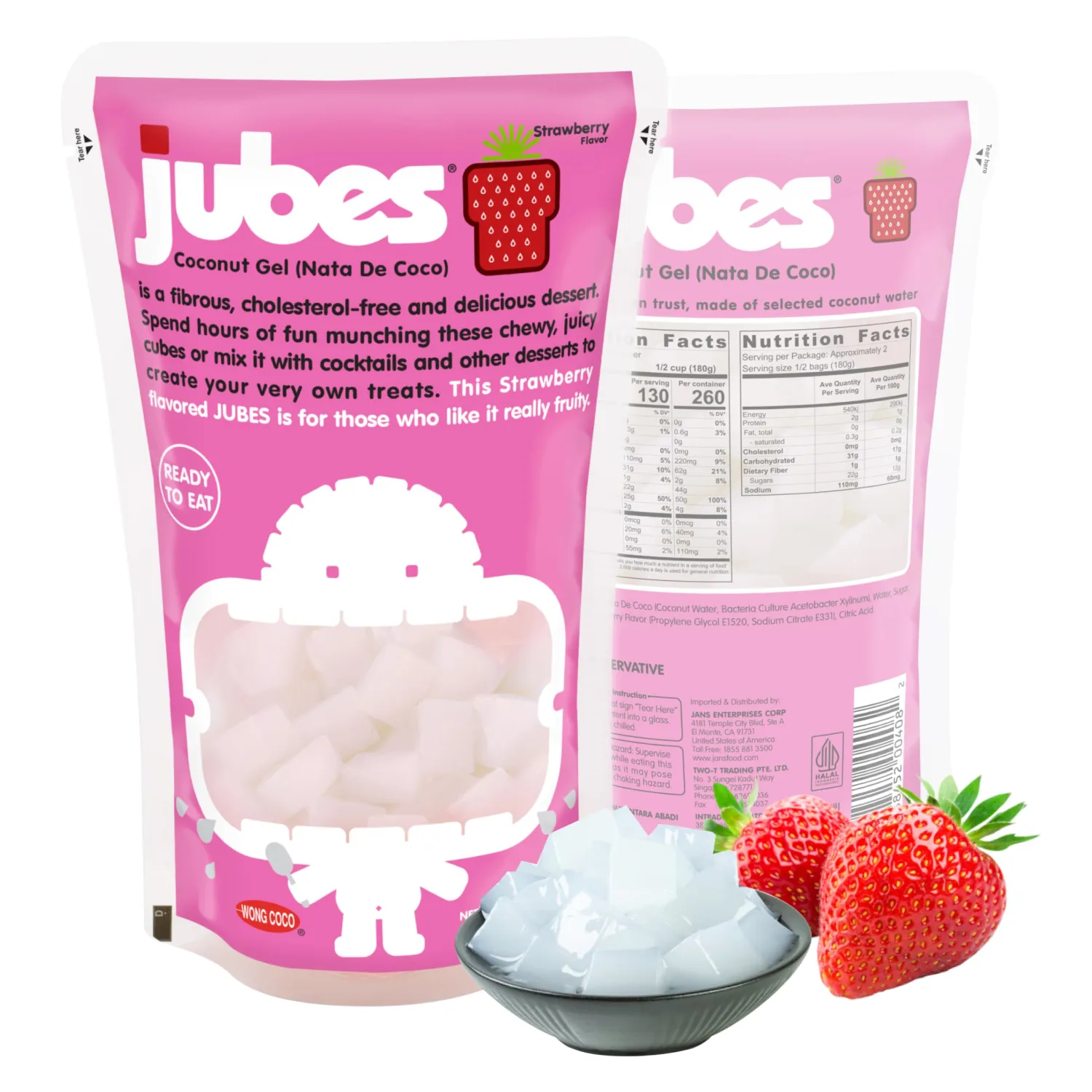 Jubes Strawberry Nata De Coco Jelly Cubes, 12.7 oz - Strawberry Coconut Jelly Cubes for Sago - Coconut Gel in Syrup Toppings for Fruit Tea, Boba, Bubble Tea, Drinks, Desserts Yogurt, Ice Cream, Beverage