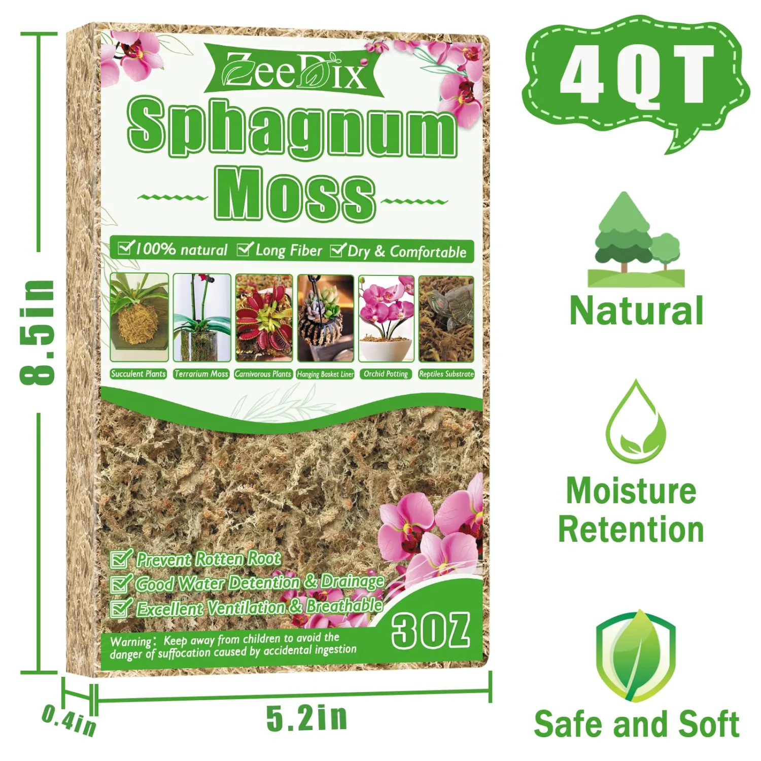 ZeeDix 4 qt Sphagnum Moss for Indoor Plants, Natural Dried Long Fiber Moss for Orchid Repotting, Carnivorous Plants, Succulents, Monstera, Flower & Reptile Terrariums Habitats (3 oz)