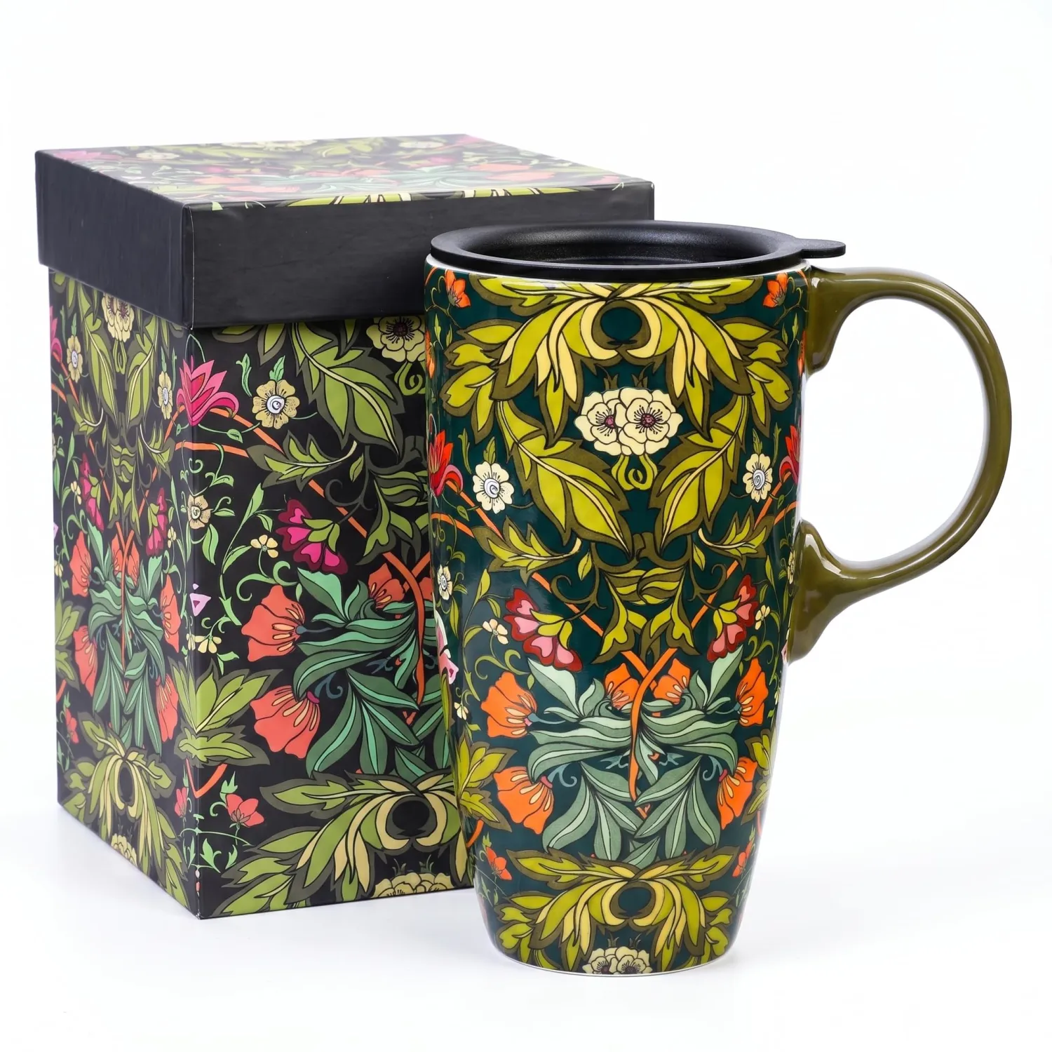 17 oz Ceramic Coffee Mug with Handle and Lid – Tall Porcelain Travel Cup with Ornate Green Floral Pattern, Microwave and Dishwasher Safe, Large Capacity Mug in Color Box for Women