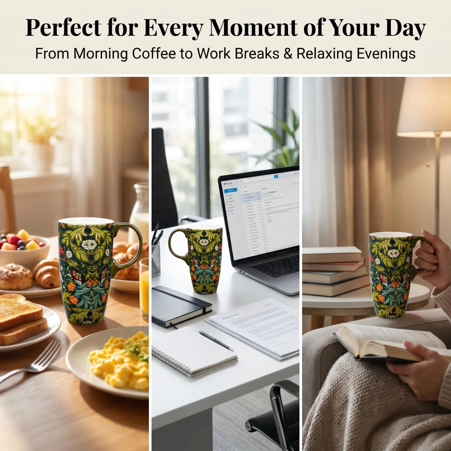 17 oz Ceramic Coffee Mug with Handle and Lid – Tall Porcelain Travel Cup with Ornate Green Floral Pattern, Microwave and Dishwasher Safe, Large Capacity Mug in Color Box for Women