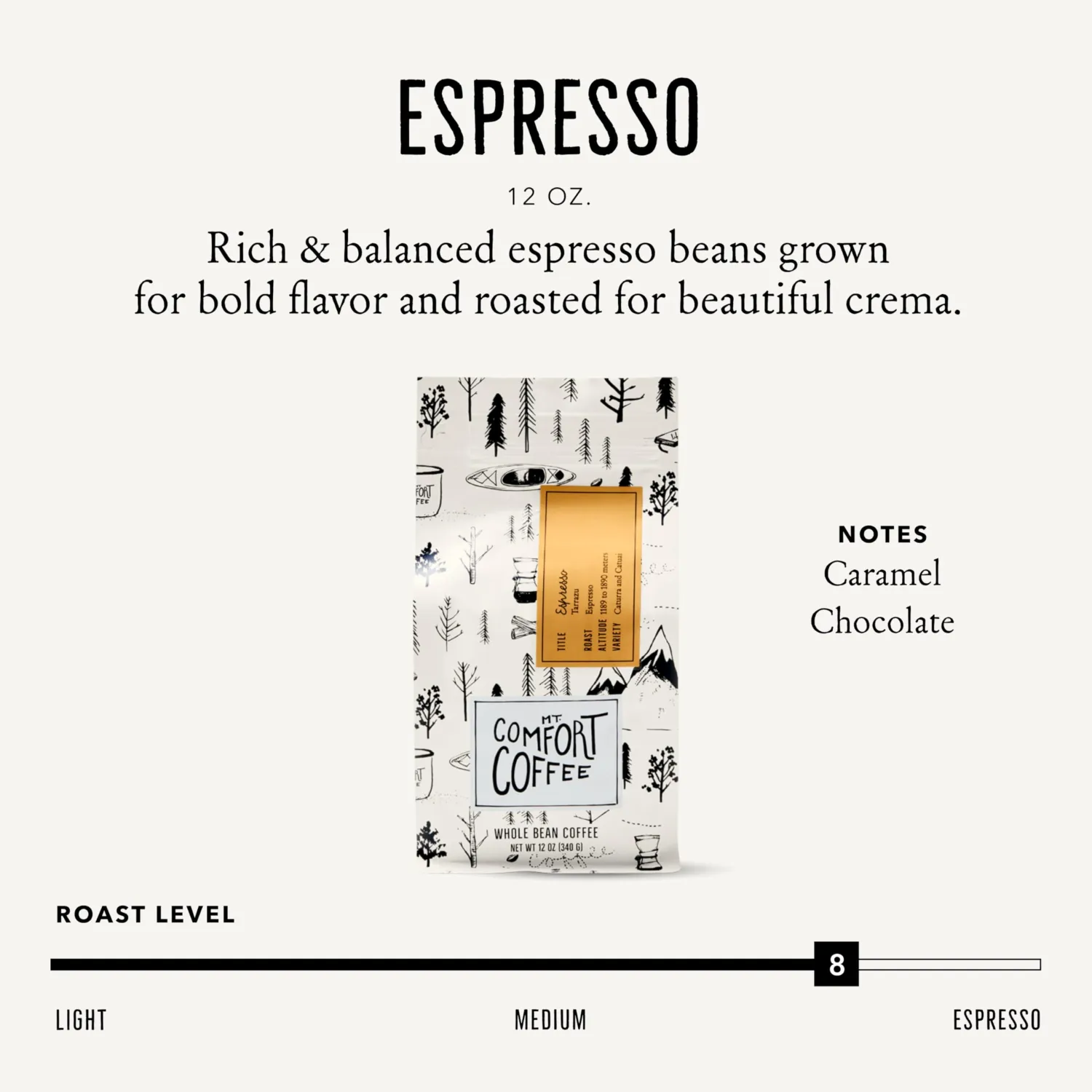 Mt. Comfort Coffee Espresso Roast, 12 Ounce - Flavor Notes of Chocolate & Caramel - Roasted Whole Beans