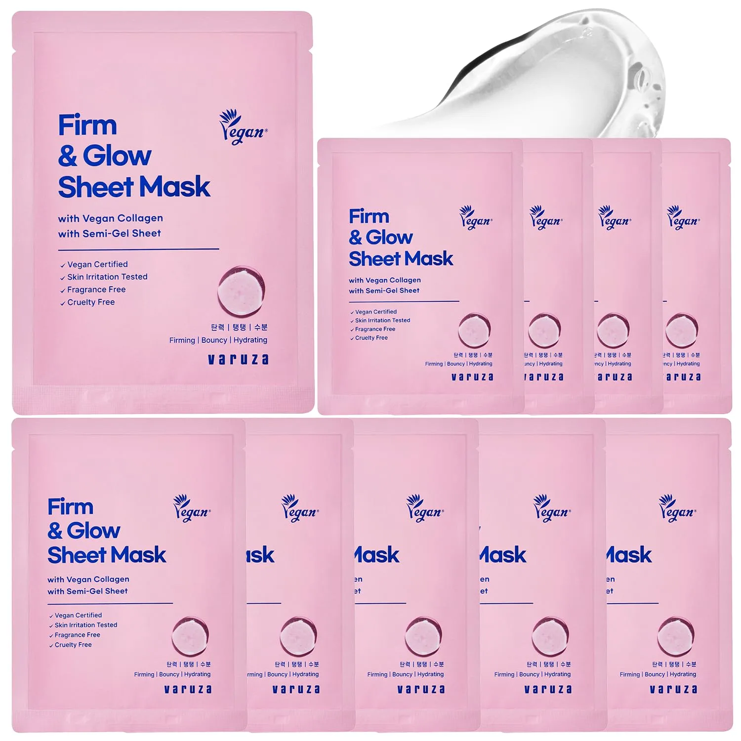 Firm & Glow Sheet Mask with Vegan Collagen Semi-Gel Sheet Biodegradable 100% Cellulose Semi-Gel Sheet for Anti-Aging Hydration Elasticity Peptide Complex-9 Niacinamide 10 Count