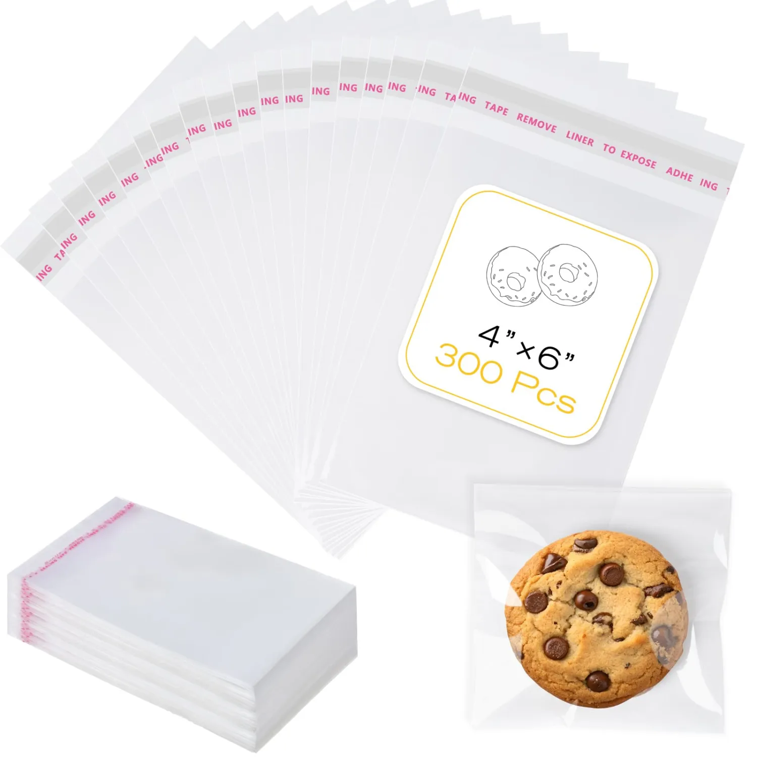 300 Pcs Cookie Bags with Seal, 4x6 Inches Self Sealing Cellophane Bags, Clear Cookie Bag Resealable Treat Bags for Packaging Cookies, Candy, Gifts, Favors, 3 Mils Individual Self Adhesive Wrappers