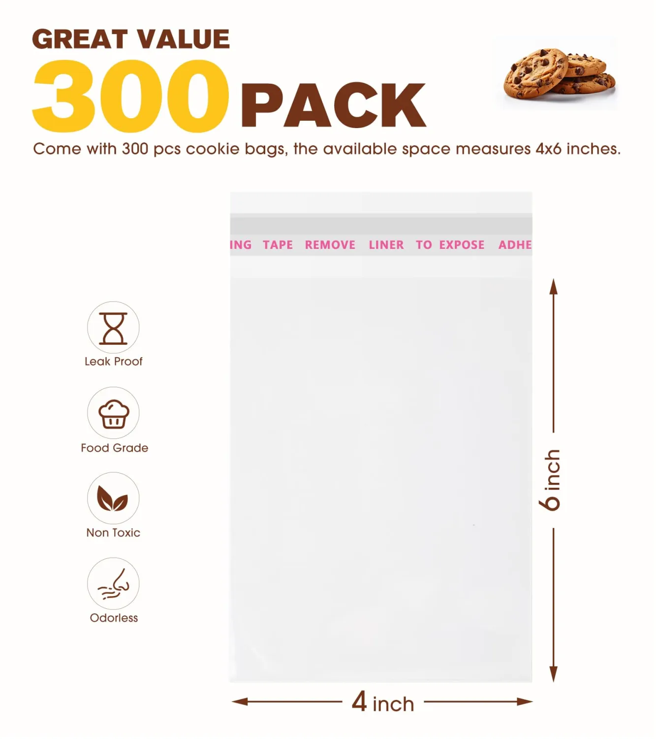 300 Pcs Cookie Bags with Seal, 4x6 Inches Self Sealing Cellophane Bags, Clear Cookie Bag Resealable Treat Bags for Packaging Cookies, Candy, Gifts, Favors, 3 Mils Individual Self Adhesive Wrappers