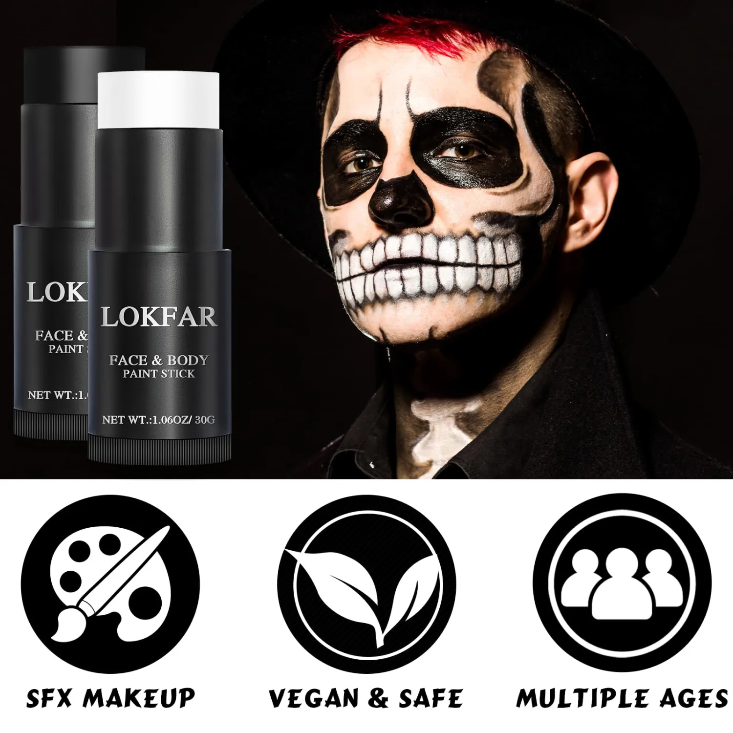 LOKFAR Black and White Face Body Paint Stick, White Foundation Makeup, Eye Black Stick for Sports, Professional Halloween Face Makeup Kit for Mime Zombie Clown Vampire Skeleton Skull Joker Costume