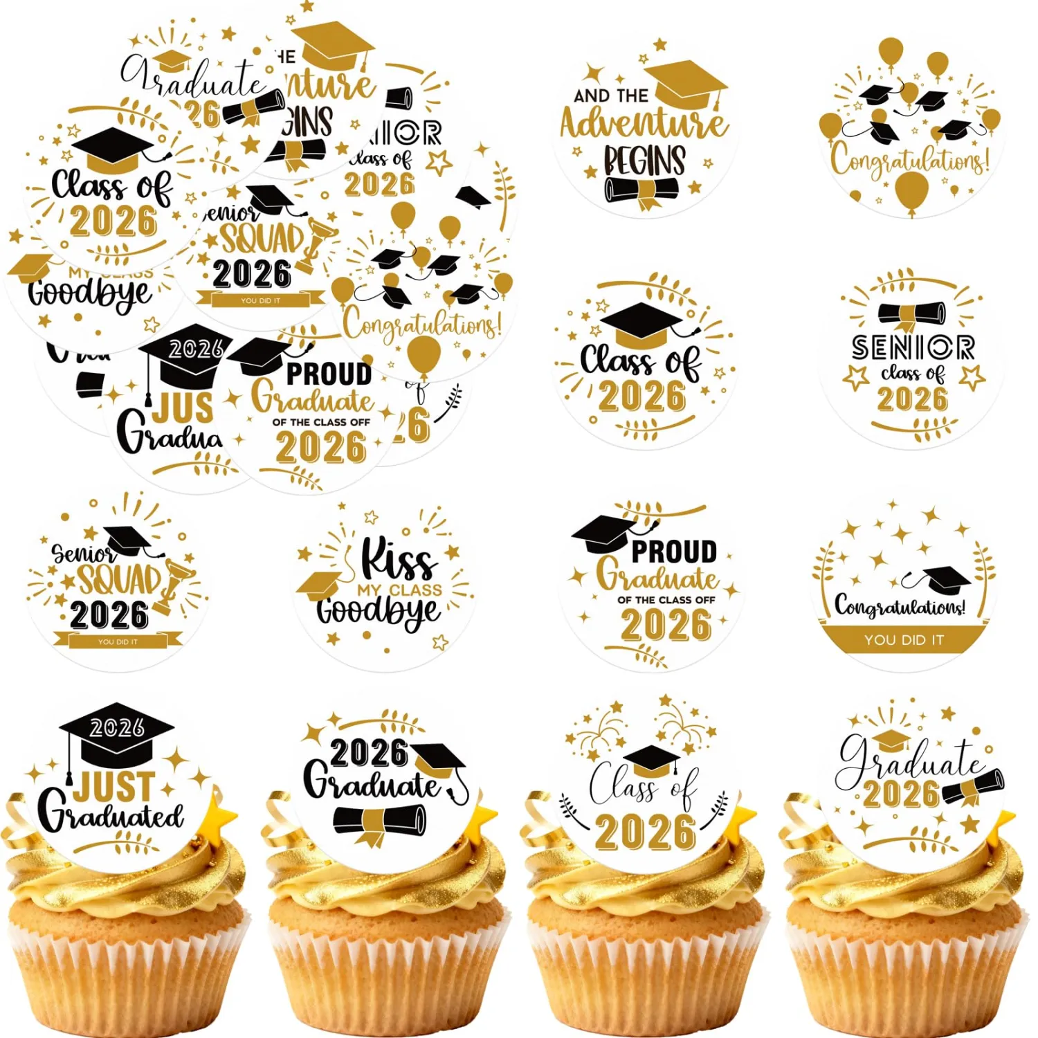 48pcs Edible Graduation Cap Cupcake Toppers Wafer Paper Graduation Diploma Cake Decorations Edible Congrats Grad Cupcake Picks for 2026 Graduation Theme Party Cake Decor Supplies