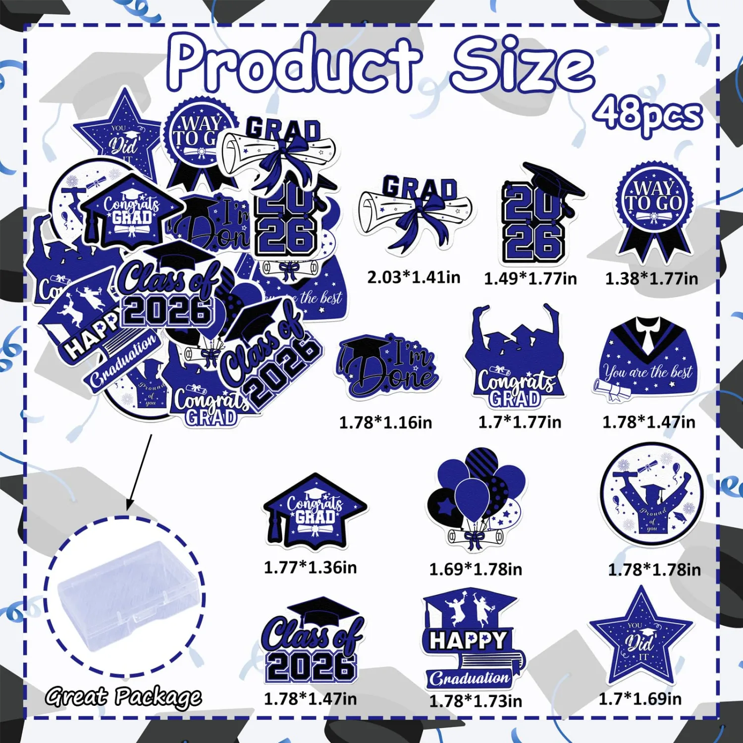 48pcs Edible 2026 Graduation Cupcake Toppers Wafer Paper Blue Class of 2026 Cake Decorations Edible Congrats Grad Cupcake Picks for 2026 Graduation Theme Party Cake Supplies