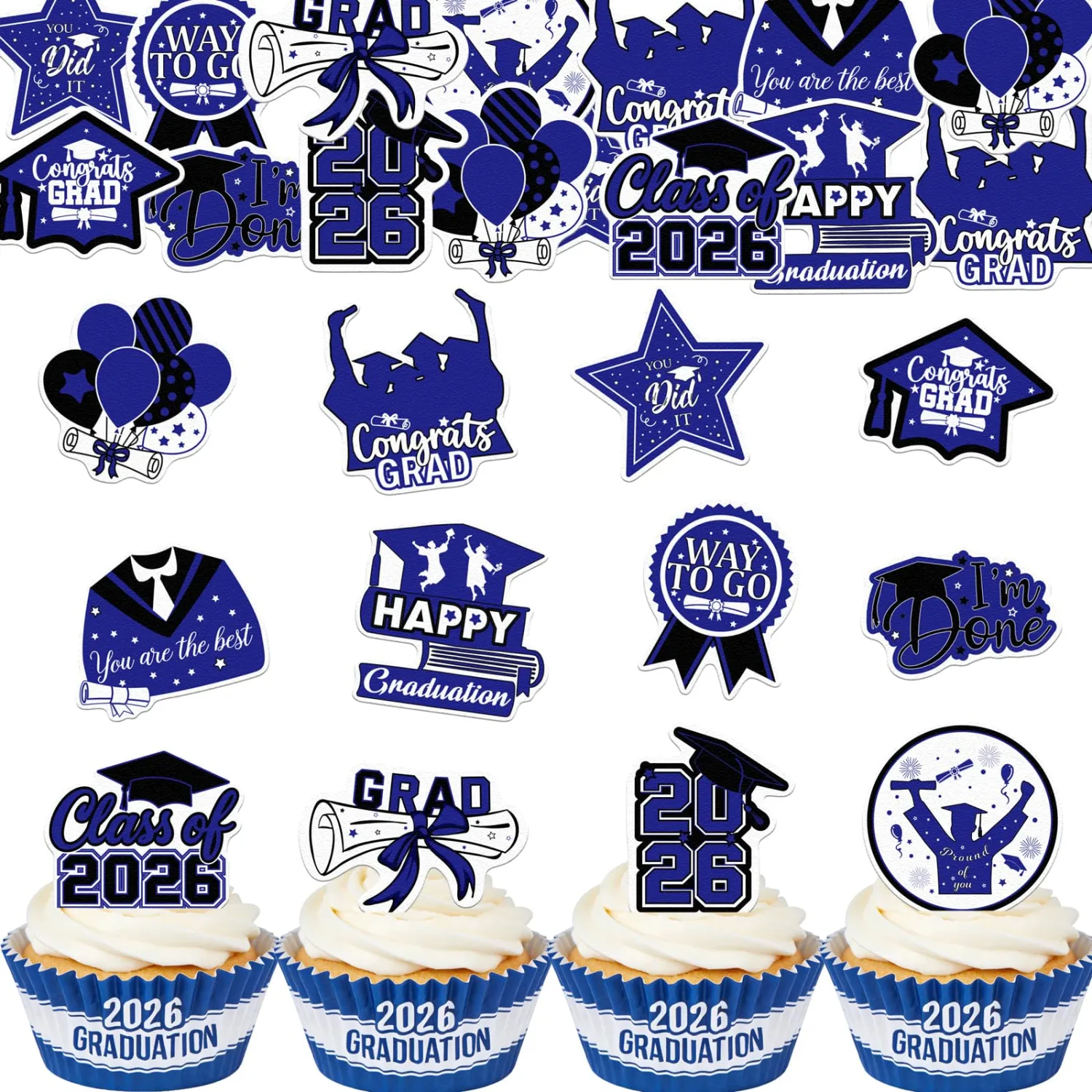48pcs Edible 2026 Graduation Cupcake Toppers Wafer Paper Blue Class of 2026 Cake Decorations Edible Congrats Grad Cupcake Picks for 2026 Graduation Theme Party Cake Supplies