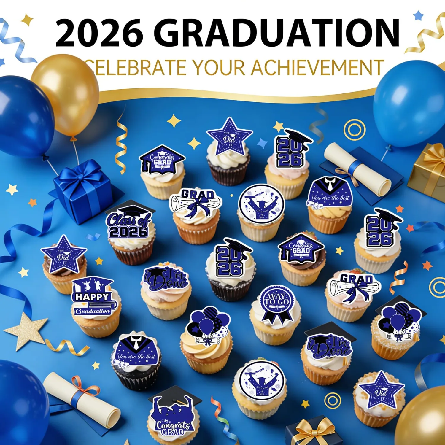 48pcs Edible 2026 Graduation Cupcake Toppers Wafer Paper Blue Class of 2026 Cake Decorations Edible Congrats Grad Cupcake Picks for 2026 Graduation Theme Party Cake Supplies