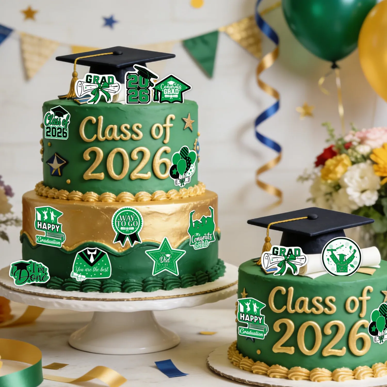 48pcs Edible 2026 Graduation Cupcake Toppers Wafer Paper Green Class of 2026 Cake Decorations Edible Congrats Grad Cupcake Picks for 2026 Graduation Theme Party Cake Supplies