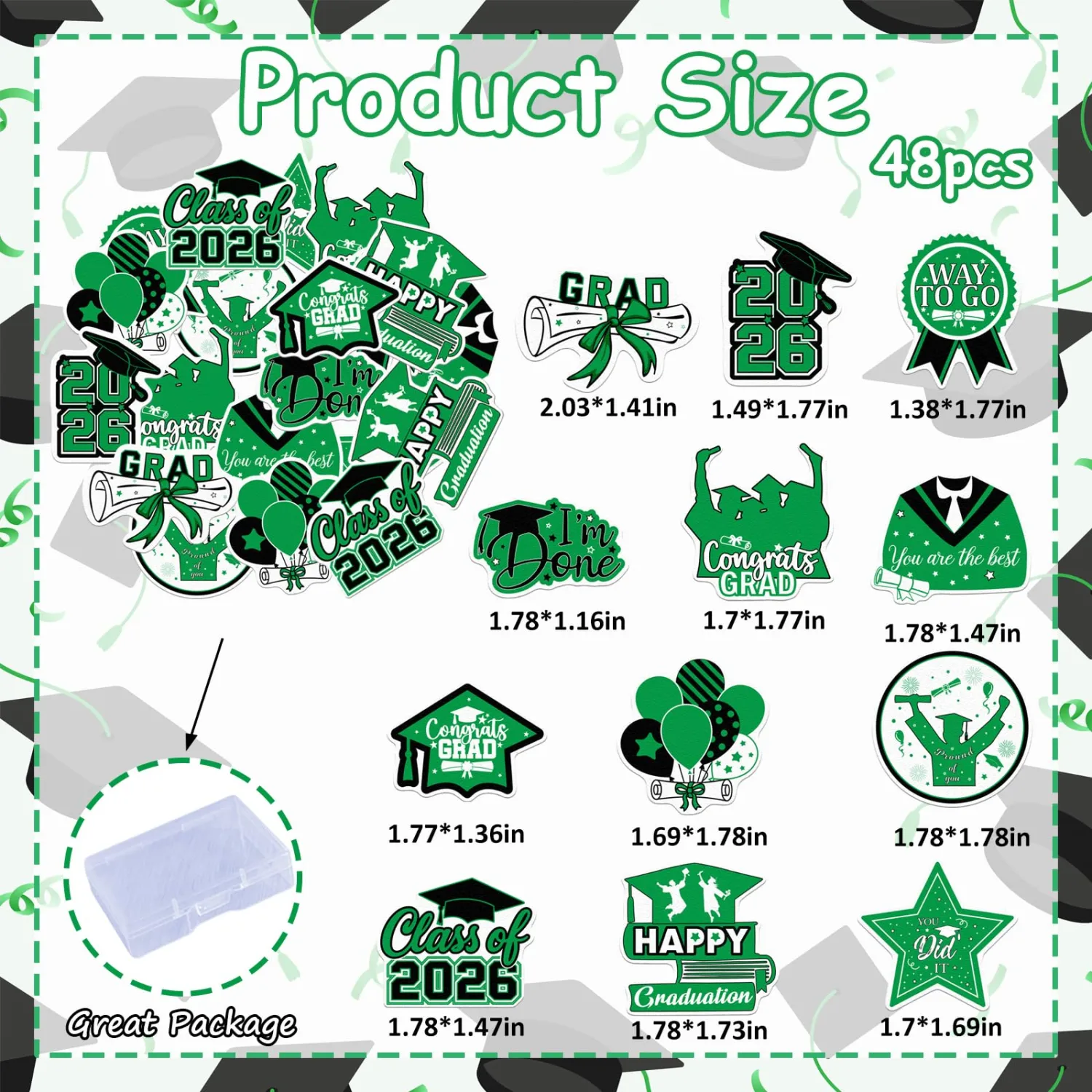 48pcs Edible 2026 Graduation Cupcake Toppers Wafer Paper Green Class of 2026 Cake Decorations Edible Congrats Grad Cupcake Picks for 2026 Graduation Theme Party Cake Supplies