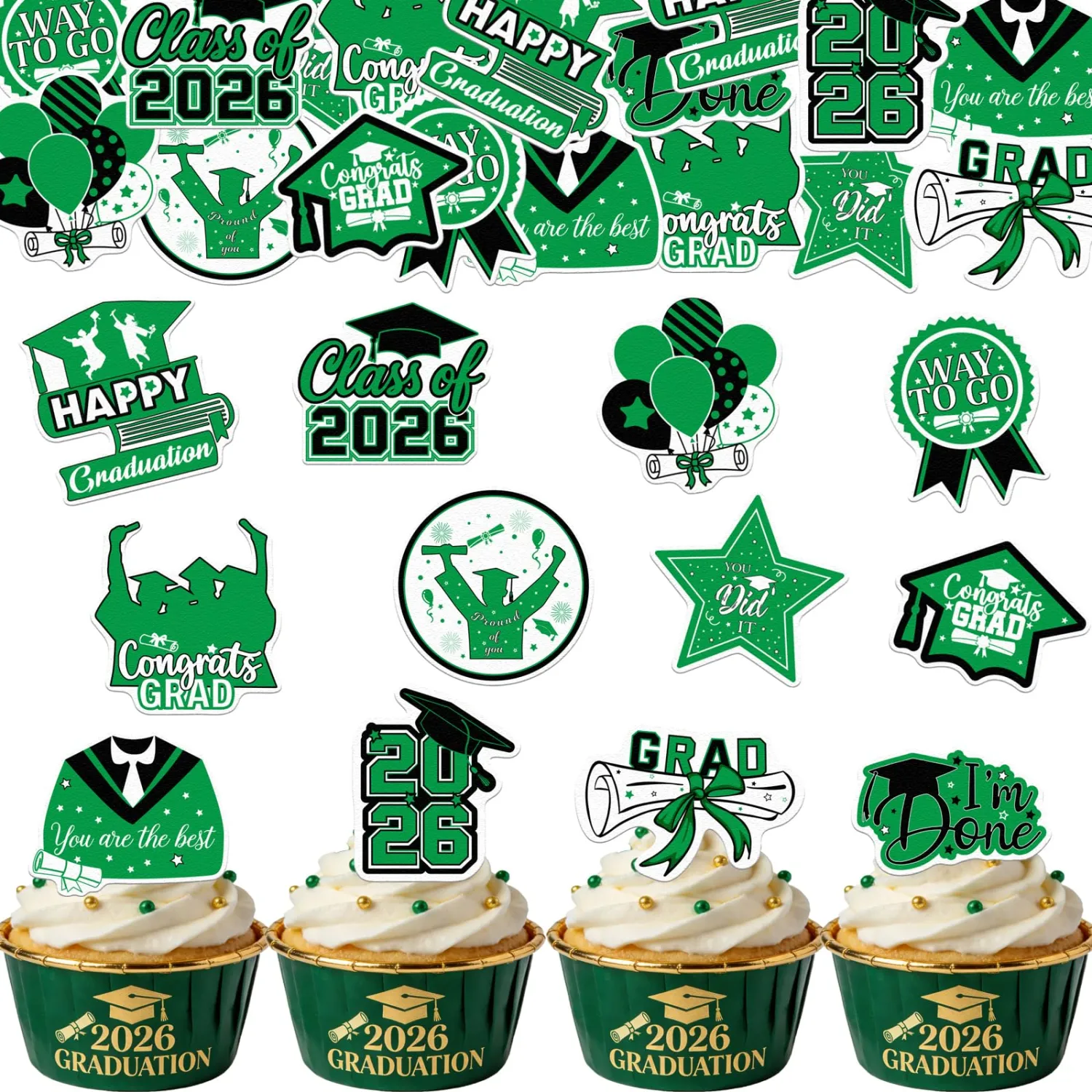 48pcs Edible 2026 Graduation Cupcake Toppers Wafer Paper Green Class of 2026 Cake Decorations Edible Congrats Grad Cupcake Picks for 2026 Graduation Theme Party Cake Supplies