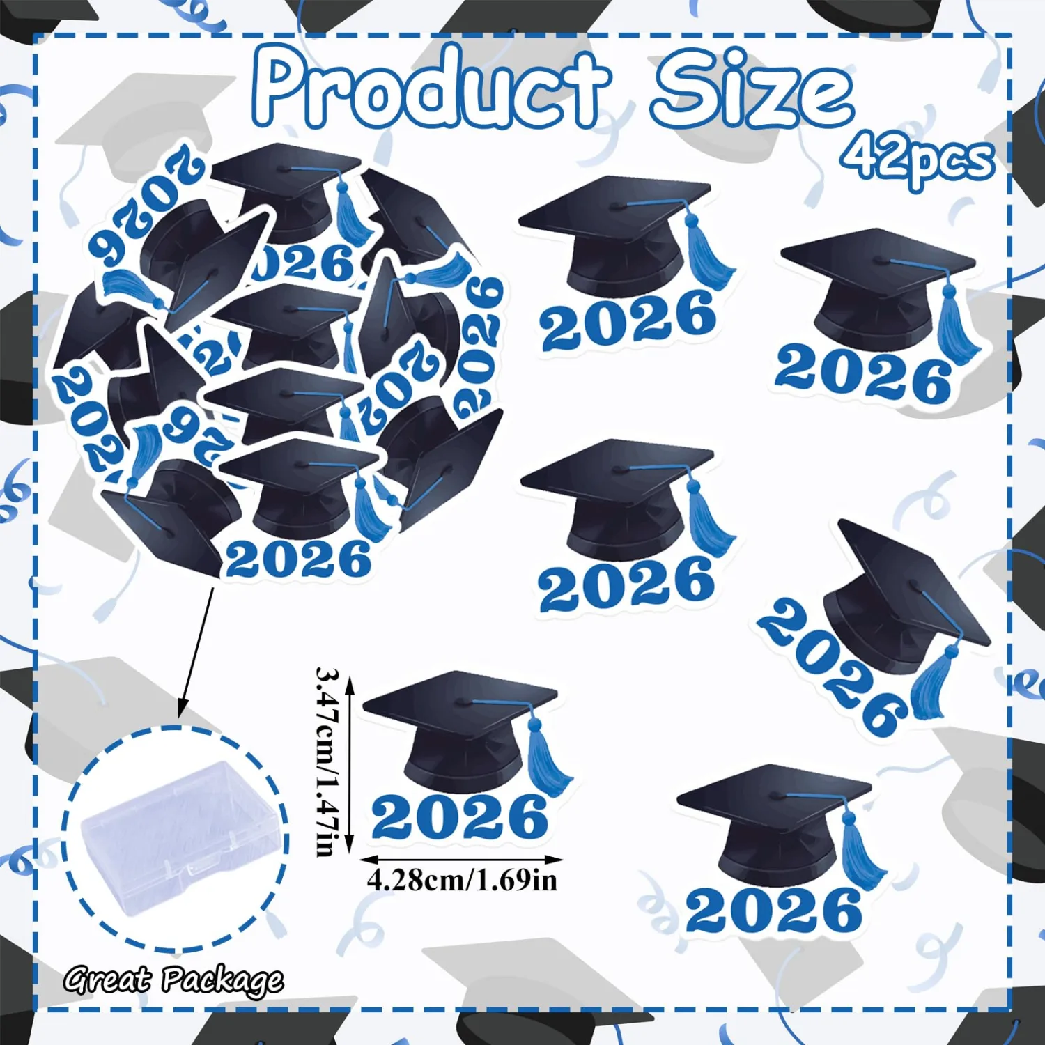 42pcs Edible Graduation Cap Cupcake Toppers Wafer Paper Blue Class of 2026 Cake Decorations Edible Grad Cap Cupcake Picks for 2026 Graduation Theme Party Cake Decor Supplies