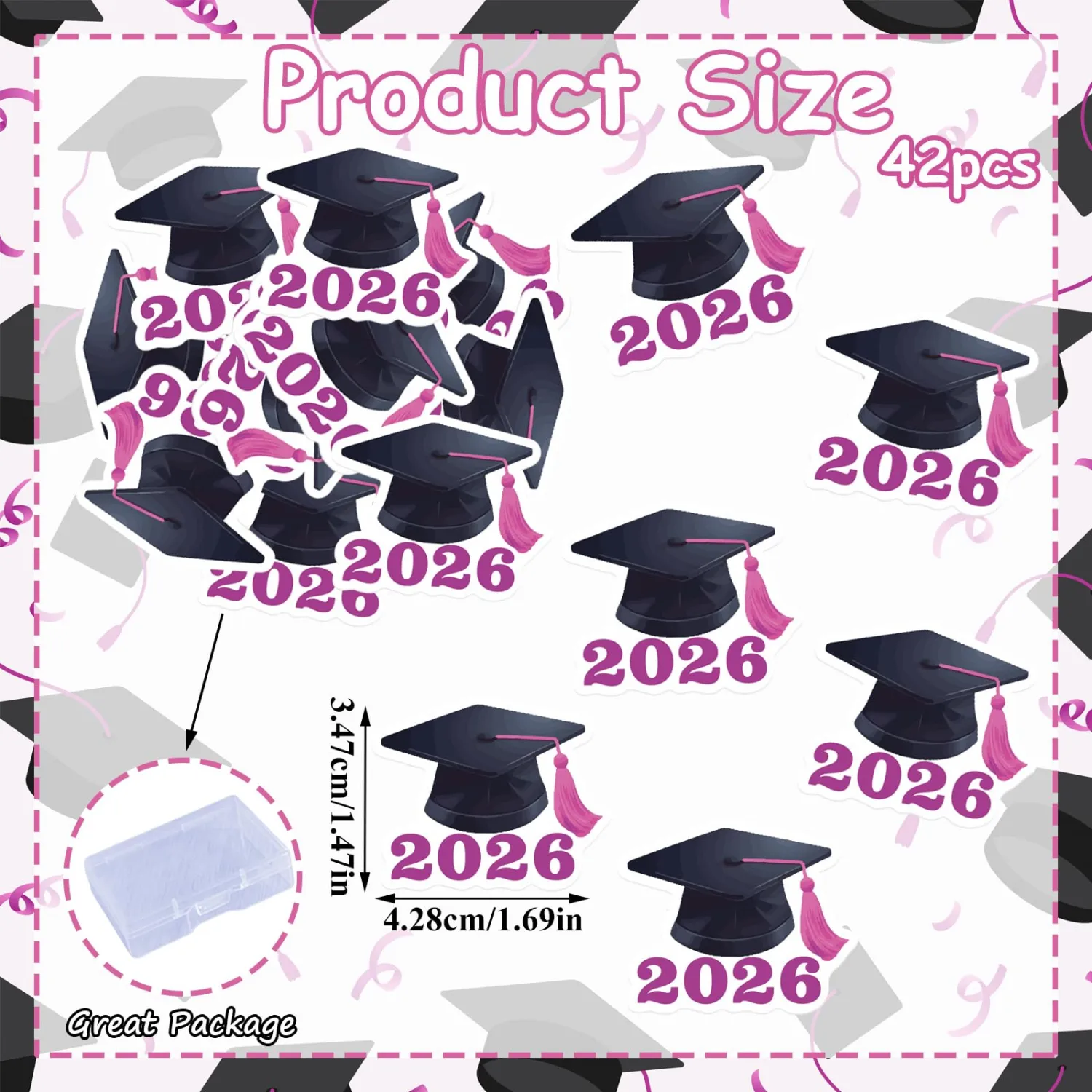 42pcs Edible Graduation Cap Cupcake Toppers Wafer Paper Pink Class of 2026 Cake Decorations Edible Grad Cap Cupcake Picks for 2026 Graduation Theme Party Cake Decor Supplies