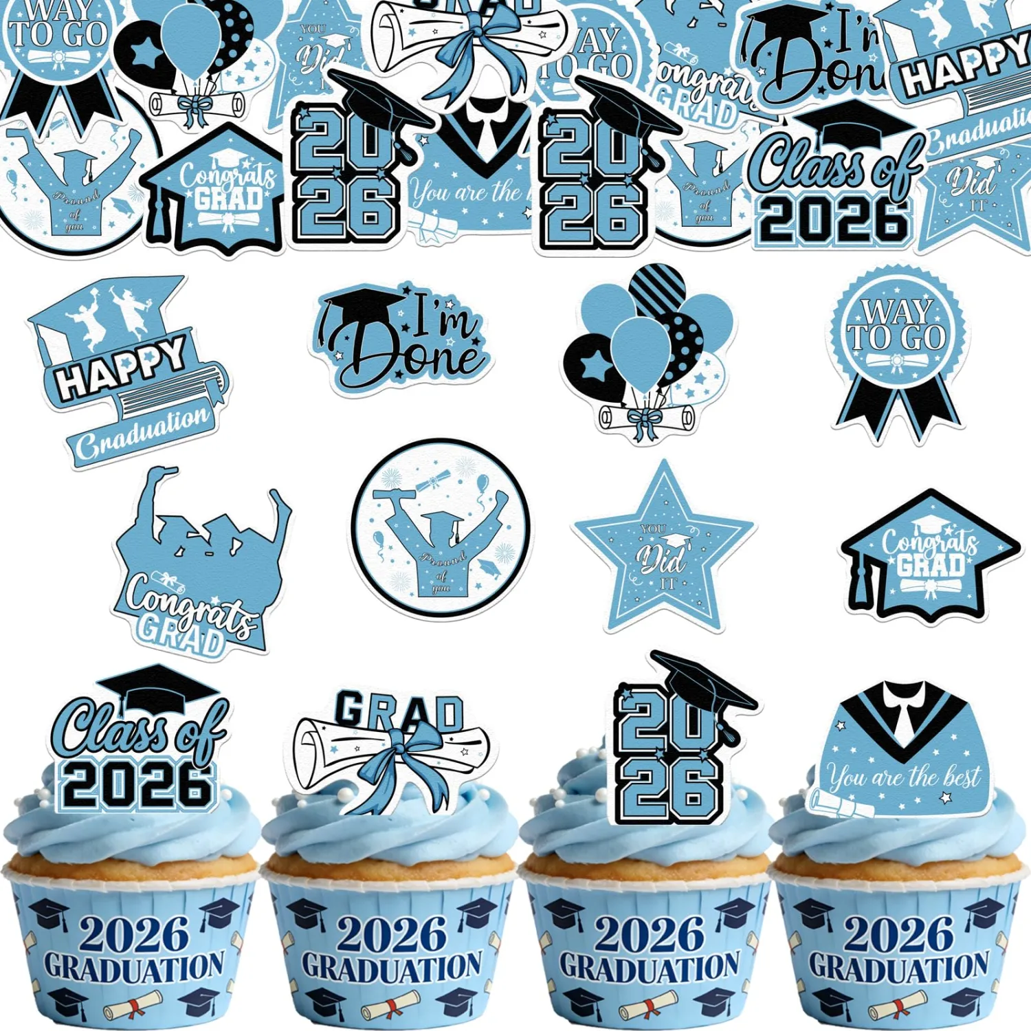 48pcs Edible 2026 Graduation Cupcake Toppers Wafer Paper Light Blue Class of 2026 Cake Decorations Edible Congrats Grad Cupcake Picks for 2026 Graduation Theme Party Cake Supplies