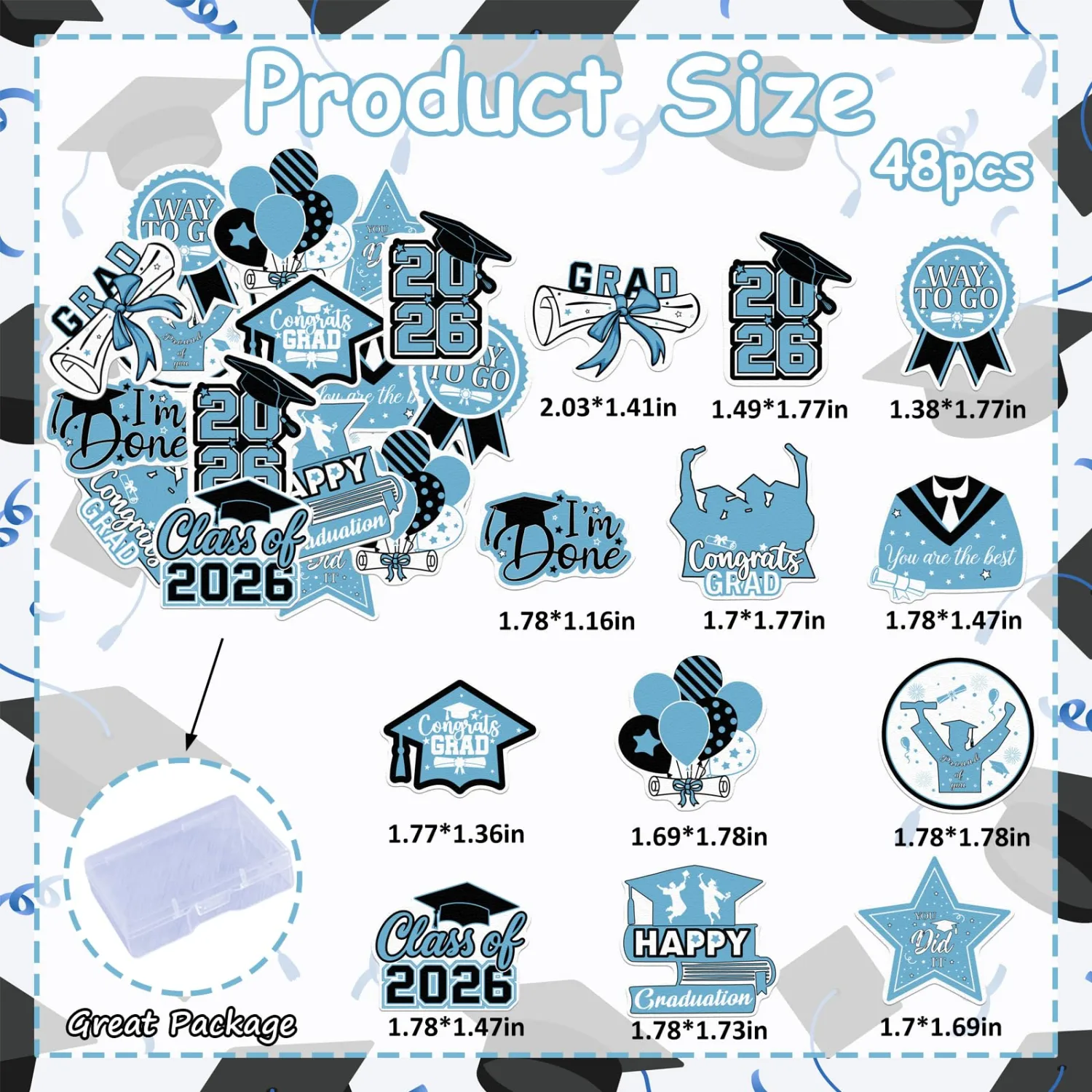 48pcs Edible 2026 Graduation Cupcake Toppers Wafer Paper Light Blue Class of 2026 Cake Decorations Edible Congrats Grad Cupcake Picks for 2026 Graduation Theme Party Cake Supplies