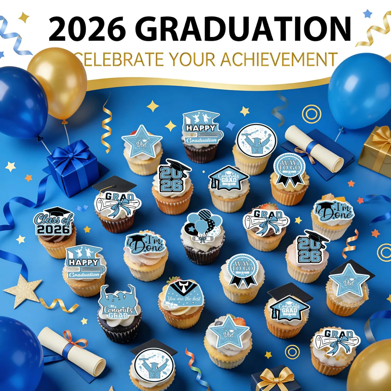 48pcs Edible 2026 Graduation Cupcake Toppers Wafer Paper Light Blue Class of 2026 Cake Decorations Edible Congrats Grad Cupcake Picks for 2026 Graduation Theme Party Cake Supplies