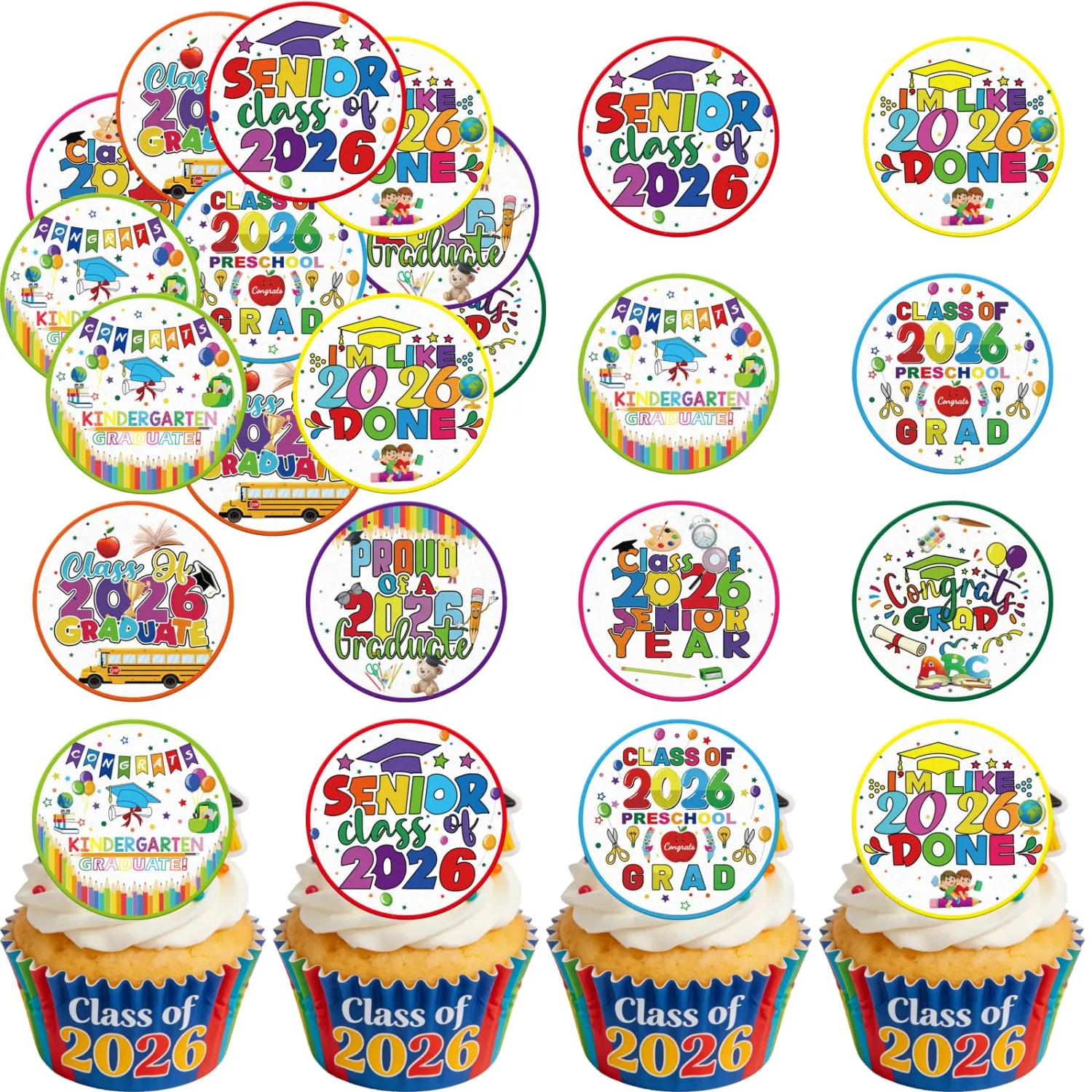 48pcs Edible 2026 Kindergarten Graduation Cupcake Toppers Wafer Paper Preschool Cake Decorations Edible Class of 2026 Cupcake Picks for 2026 Kindergarten Grad Theme Party Cake Decor Supplies