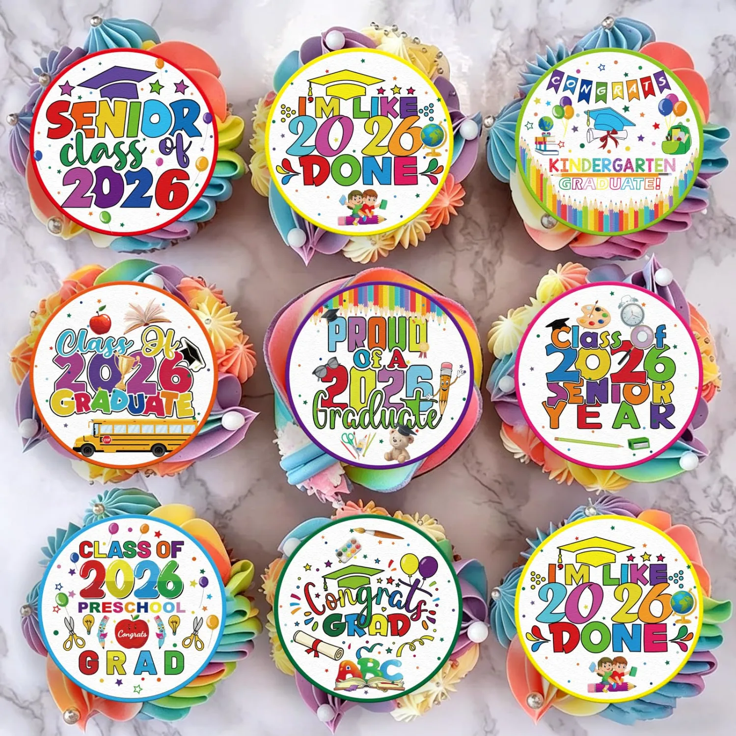 48pcs Edible 2026 Kindergarten Graduation Cupcake Toppers Wafer Paper Preschool Cake Decorations Edible Class of 2026 Cupcake Picks for 2026 Kindergarten Grad Theme Party Cake Decor Supplies