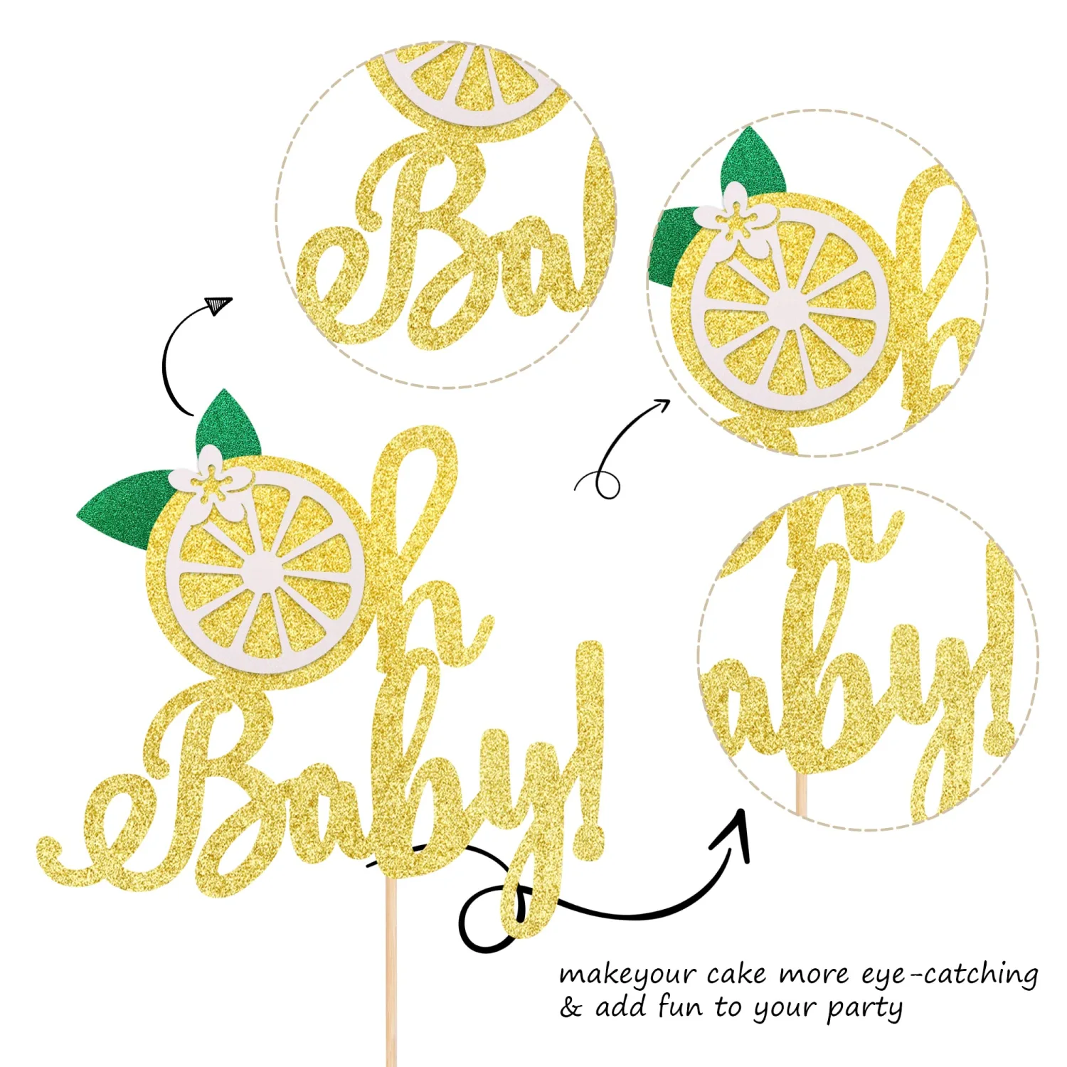 1 PCS Lemon Oh Baby Cake Topper Assembled Glitter Fruit Theme Oh Baby Lemonade Party Cake Pick for Lemon Theme Baby Shower Kids Boys Girls Birthday Party Cake Decorations Supplies Gold