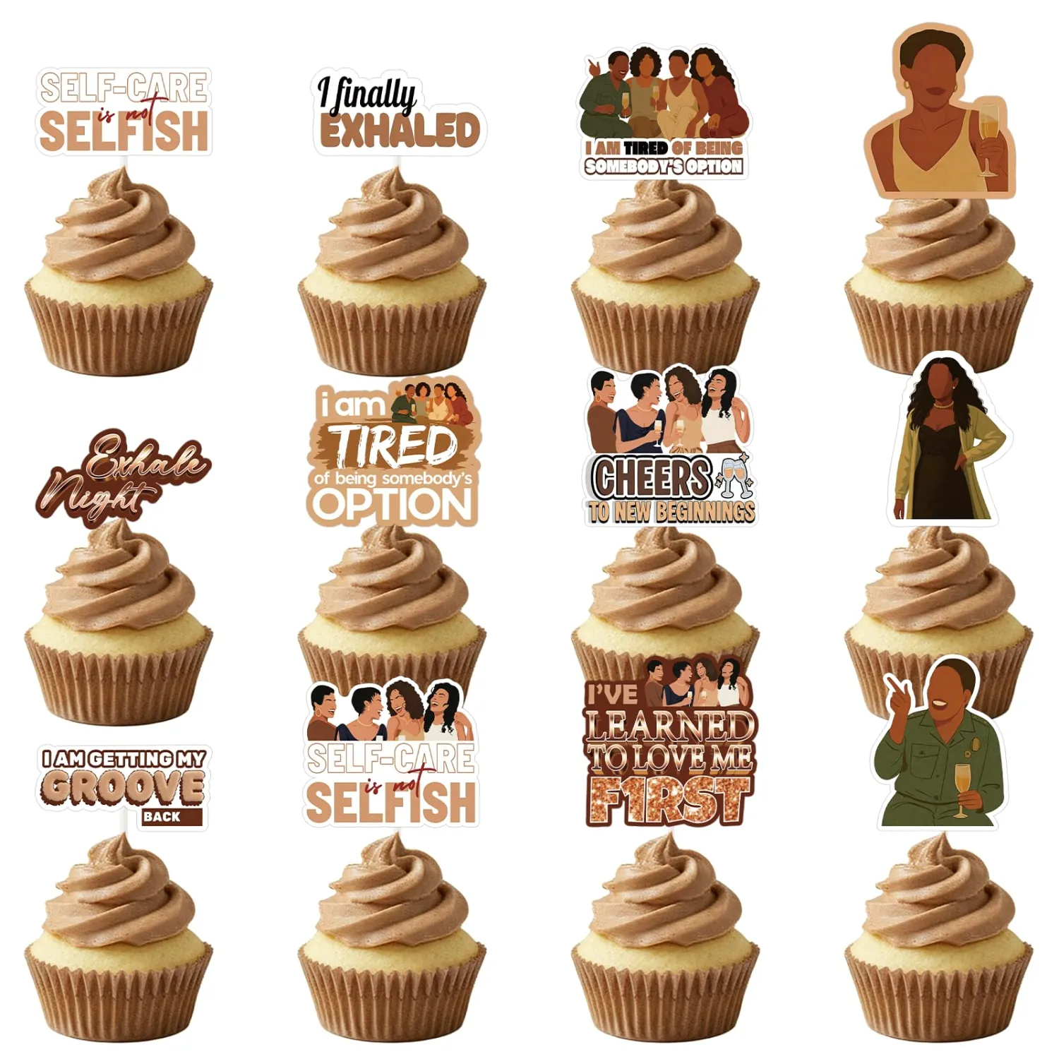Exhale Night Party Decorations, 36PCS Elegant Women Silhouette Brown Gold Cupcake Toppers Decorations, Girls Ladies Night Cupcake Picks Birthday Decor Supplies