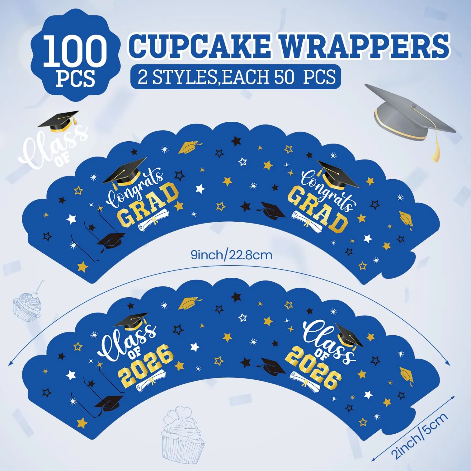 LemonRoad 100 Pcs Graduation Cupcake Liners, Congrats Grad Baking Cups Wrappers, Blue Gold Decorative Dessert Wrap Liners for 2026 Class College High School Party Supplies Table Decor