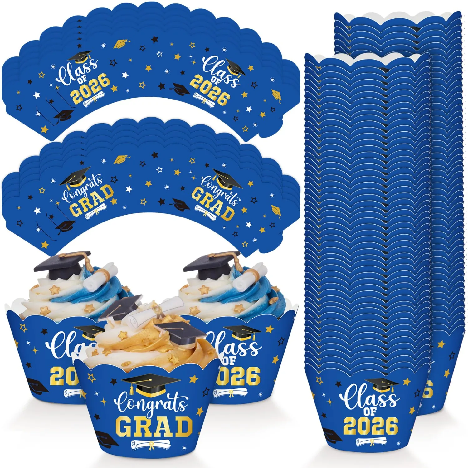 LemonRoad 100 Pcs Graduation Cupcake Liners, Congrats Grad Baking Cups Wrappers, Blue Gold Decorative Dessert Wrap Liners for 2026 Class College High School Party Supplies Table Decor