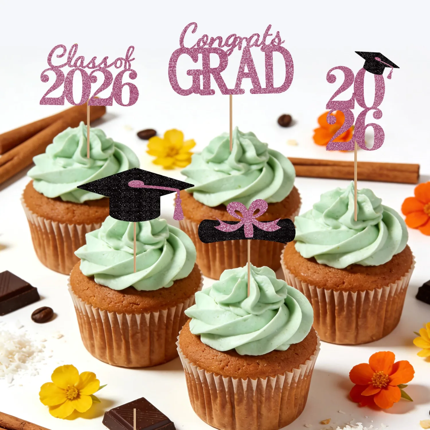 Graduation Cupcake Toppers 2026 Graduation Decorations,Congrats Grad Cake Topper Black And Pink Graduation Decorations 2026 Glittery Cap And Diploma Cake Picks For Grad Party Decor Supplies, 25 Pcs