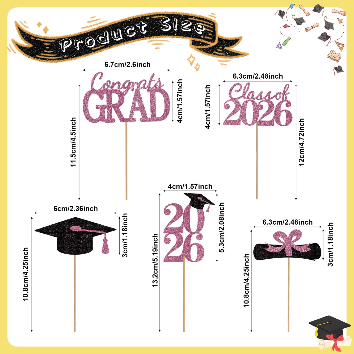 Graduation Cupcake Toppers 2026 Graduation Decorations,Congrats Grad Cake Topper Black And Pink Graduation Decorations 2026 Glittery Cap And Diploma Cake Picks For Grad Party Decor Supplies, 25 Pcs